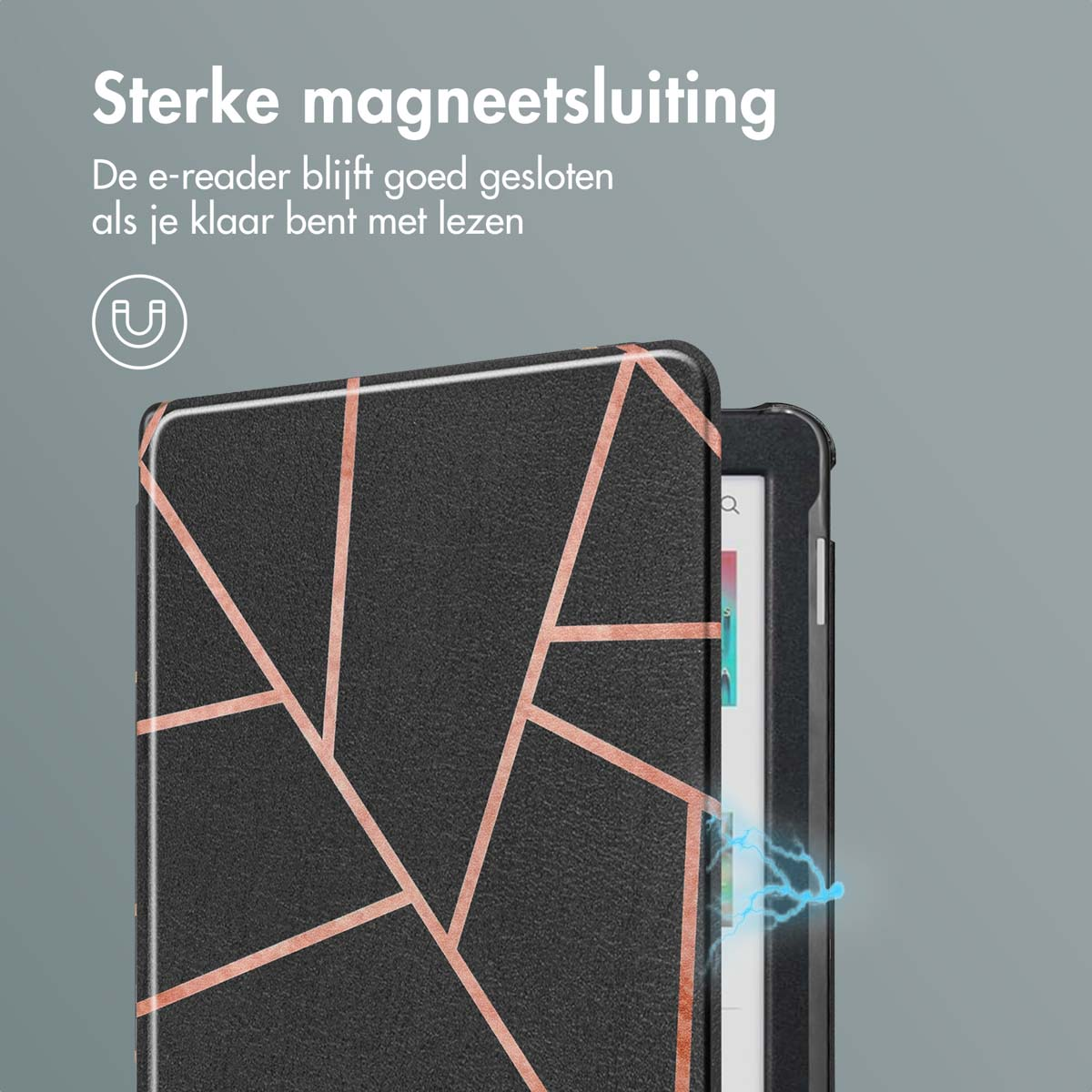 Black e-reader cover with copper-colored geometric pattern and magnetic closure.