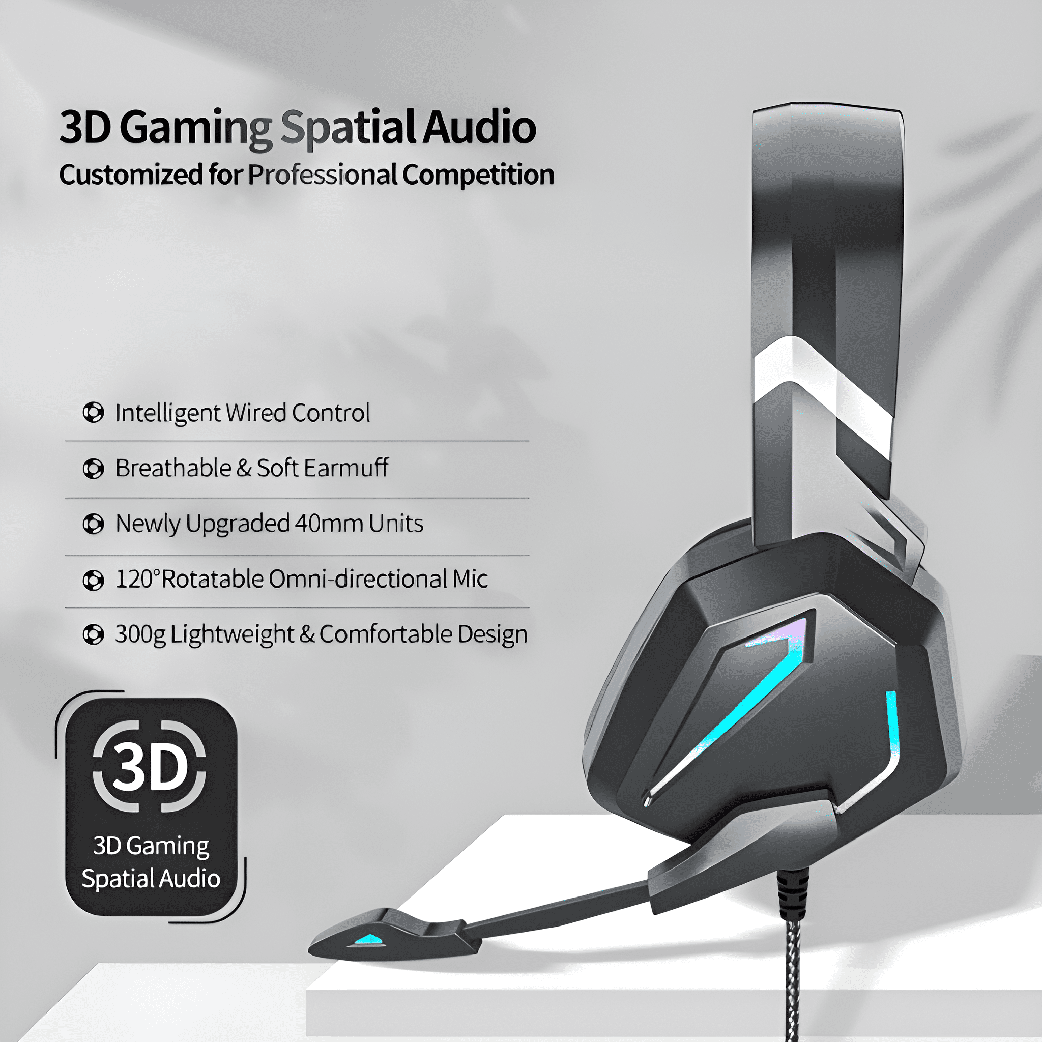 Gaming-Headset. Schwarz und grau. Text: '3D Gaming Spatial Audio'.