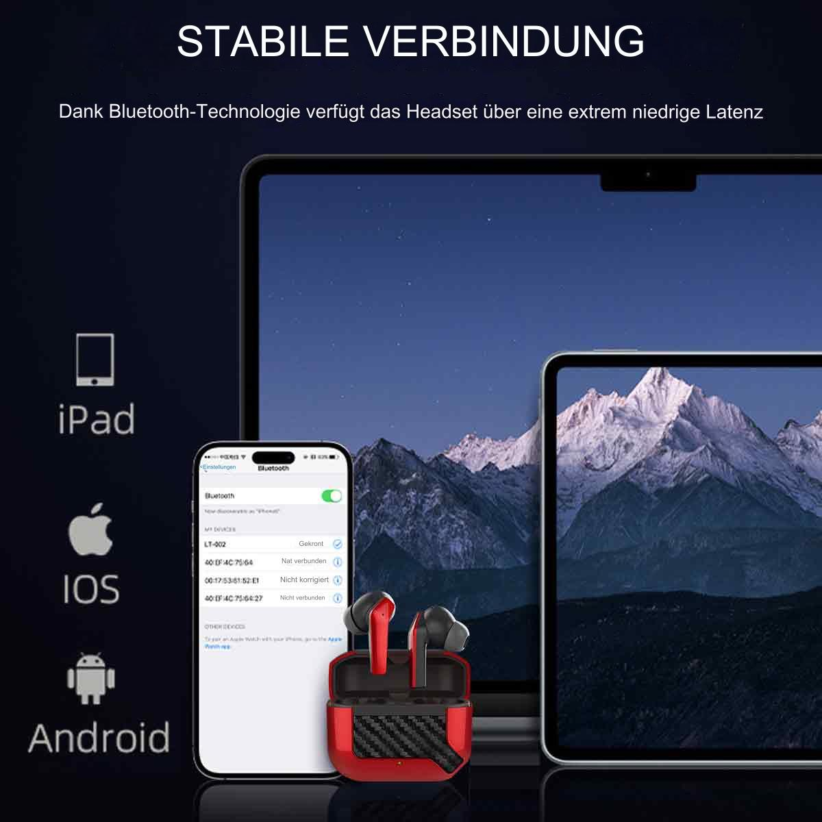 Bild mit Handy, Ohrhörern und Tablet. Die Ohrhörer sind in einem Case. Text: 'STABILE VERBINDUNG'.