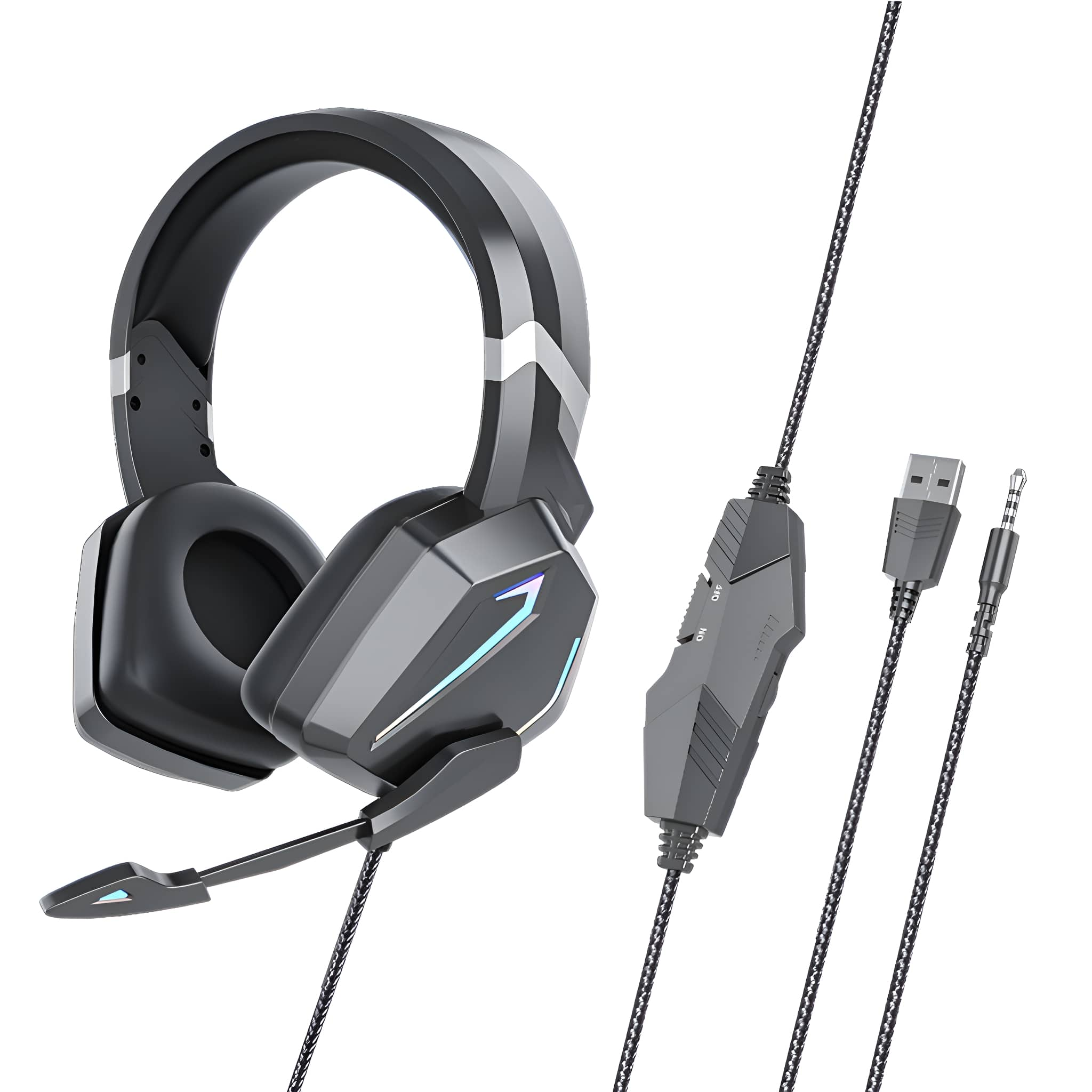 Schwarze Gaming-Kopfhörer mit Mikrofon und Bedienfeld. Das Kabel hat einen USB-Stecker.