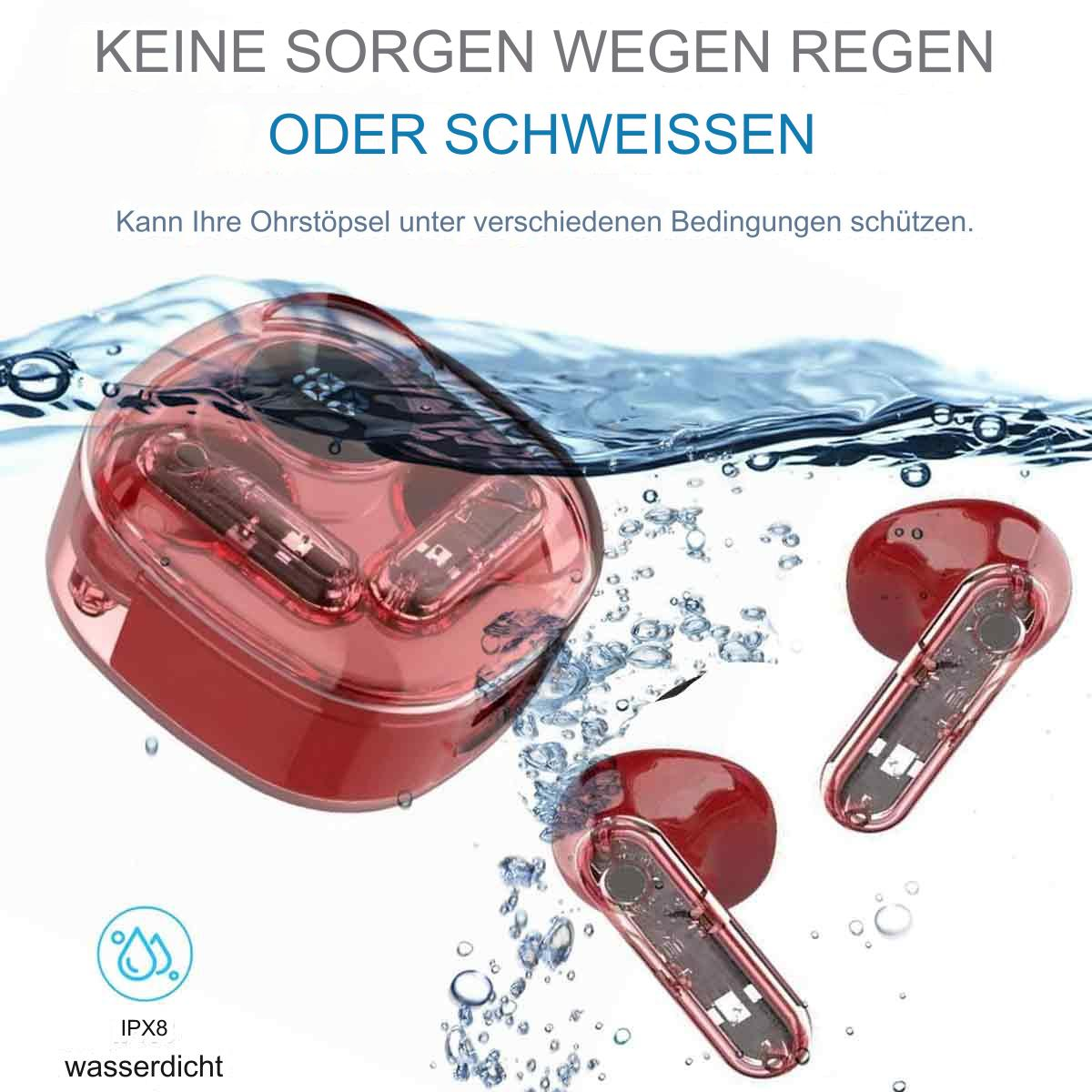 Drei rote Ohrhörer und ein Ladecase, mit Text über Wasserbeständigkeit.