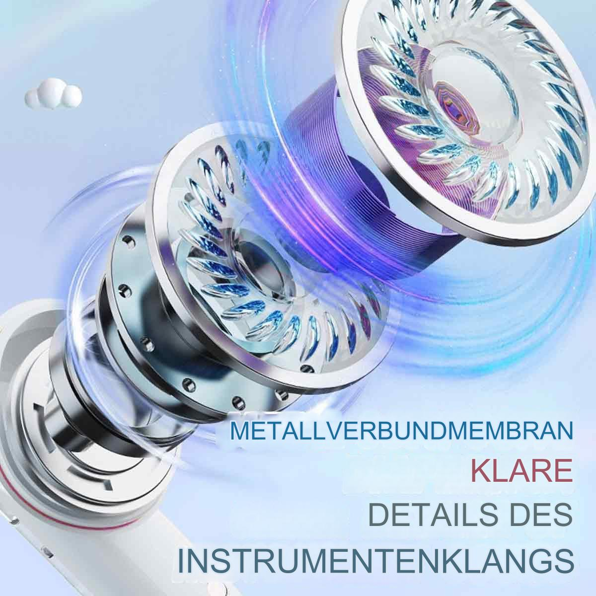 Ohrhörer mit Metalldetails. Bild zeigt interne Komponenten mit Text überlagert.