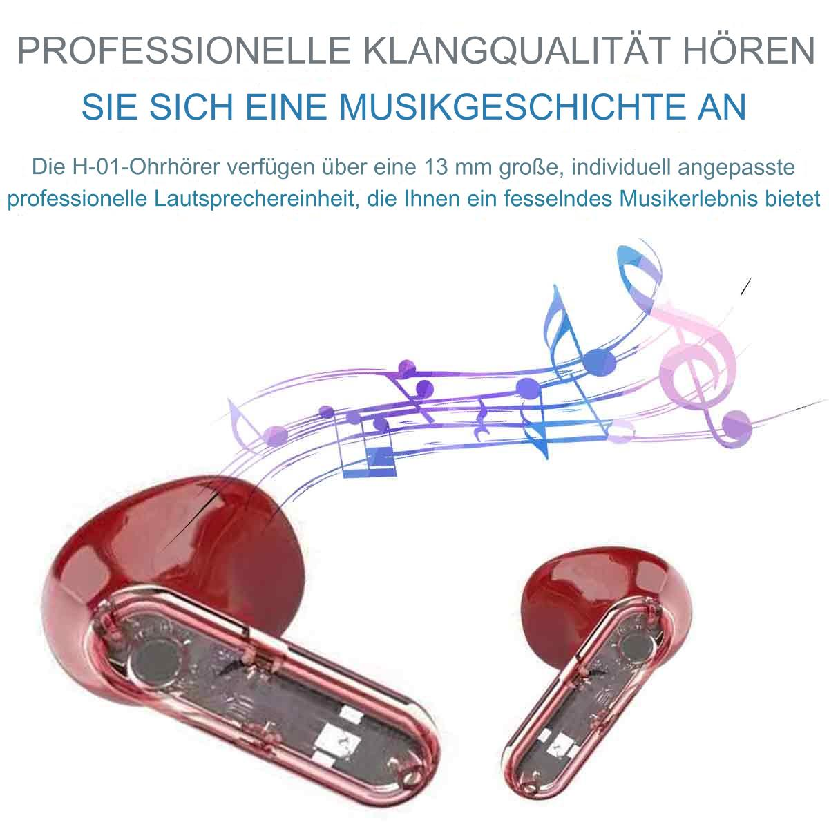 Zwei rote kabellose Ohrhörer mit Musiknoten. Der Text lautet Musikgeschichte.