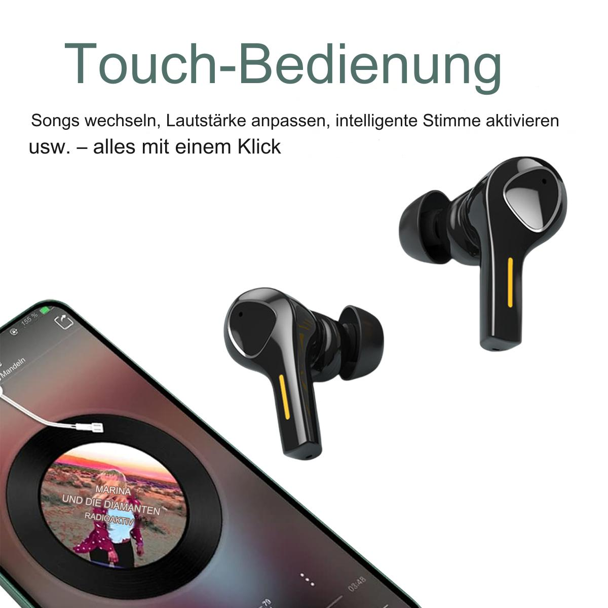 Schwarze Ohrhörer mit gelben Akzenten, ein Telefon mit Musik-App-Oberfläche.