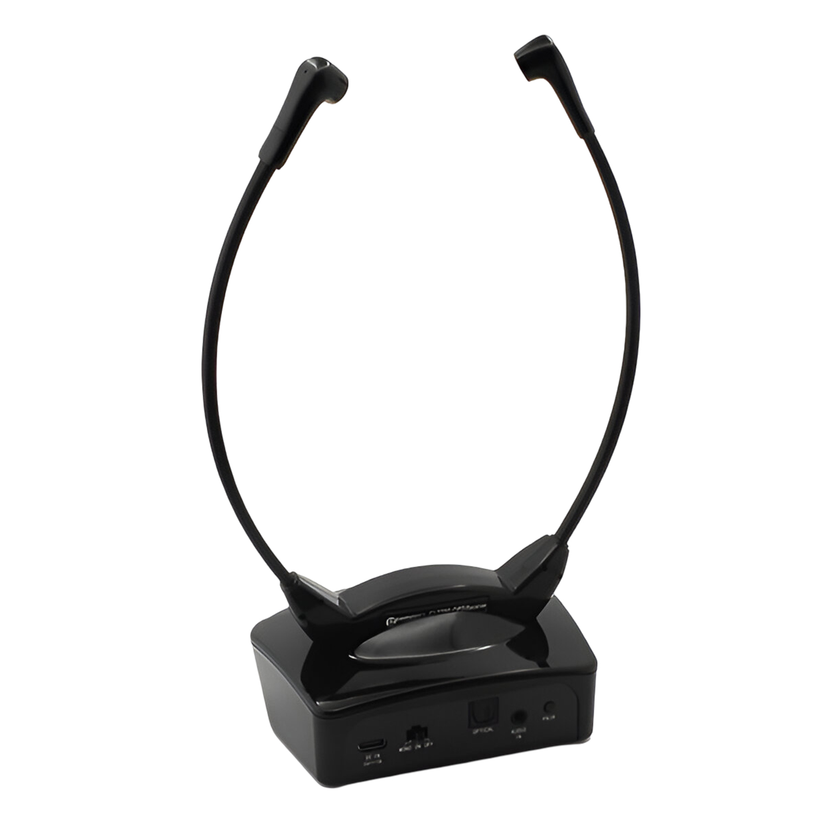 Schwarze Indoor-TV-Antenne mit zwei gebogenen Armen, auf weißem Hintergrund.