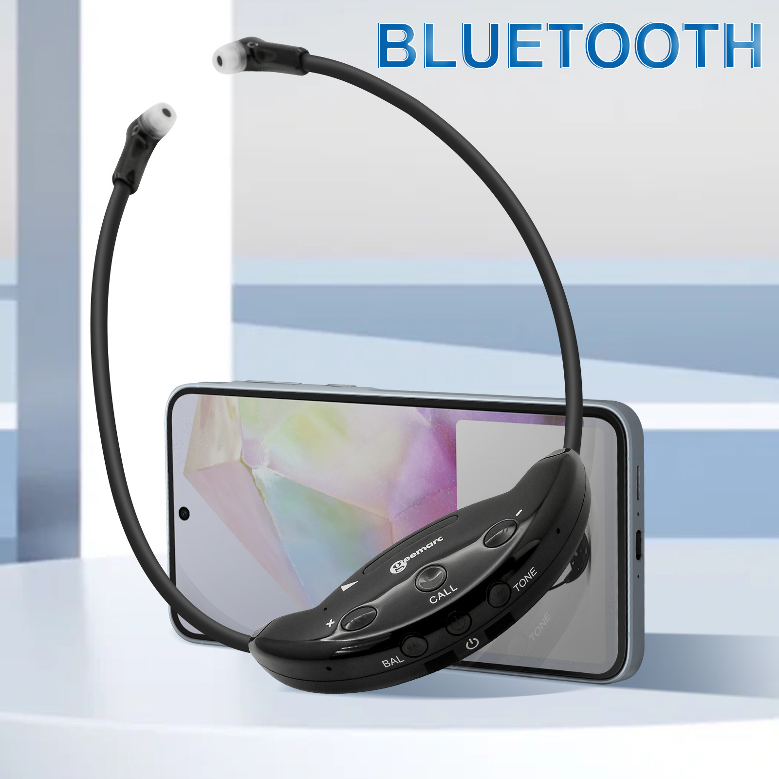 Schwarzes Bluetooth-Headset mit Ohrhörern und Smartphone, mit dem Wort 'BLUETOOTH'.