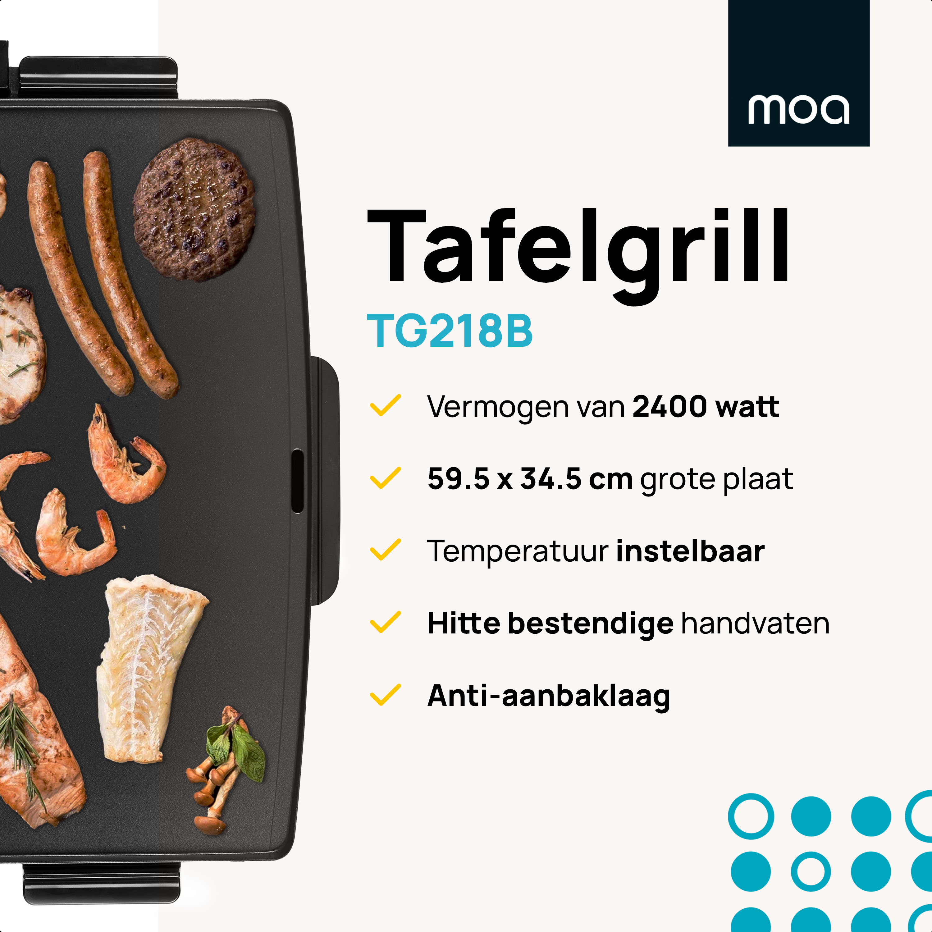Black table grill with food. Text with features. White background. MOA brand is visible.