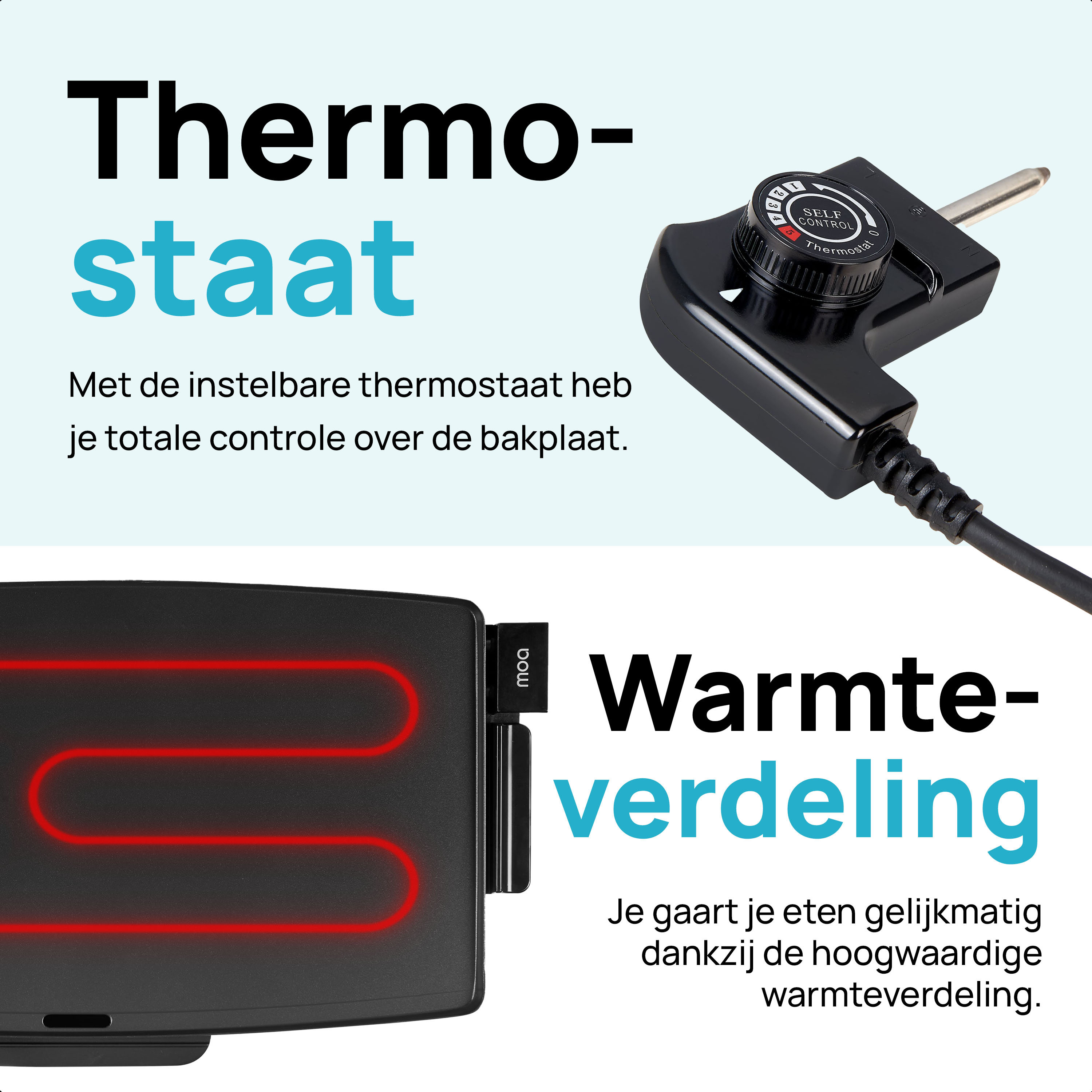 A black appliance with a thermostat and heating element, with text describing its features.