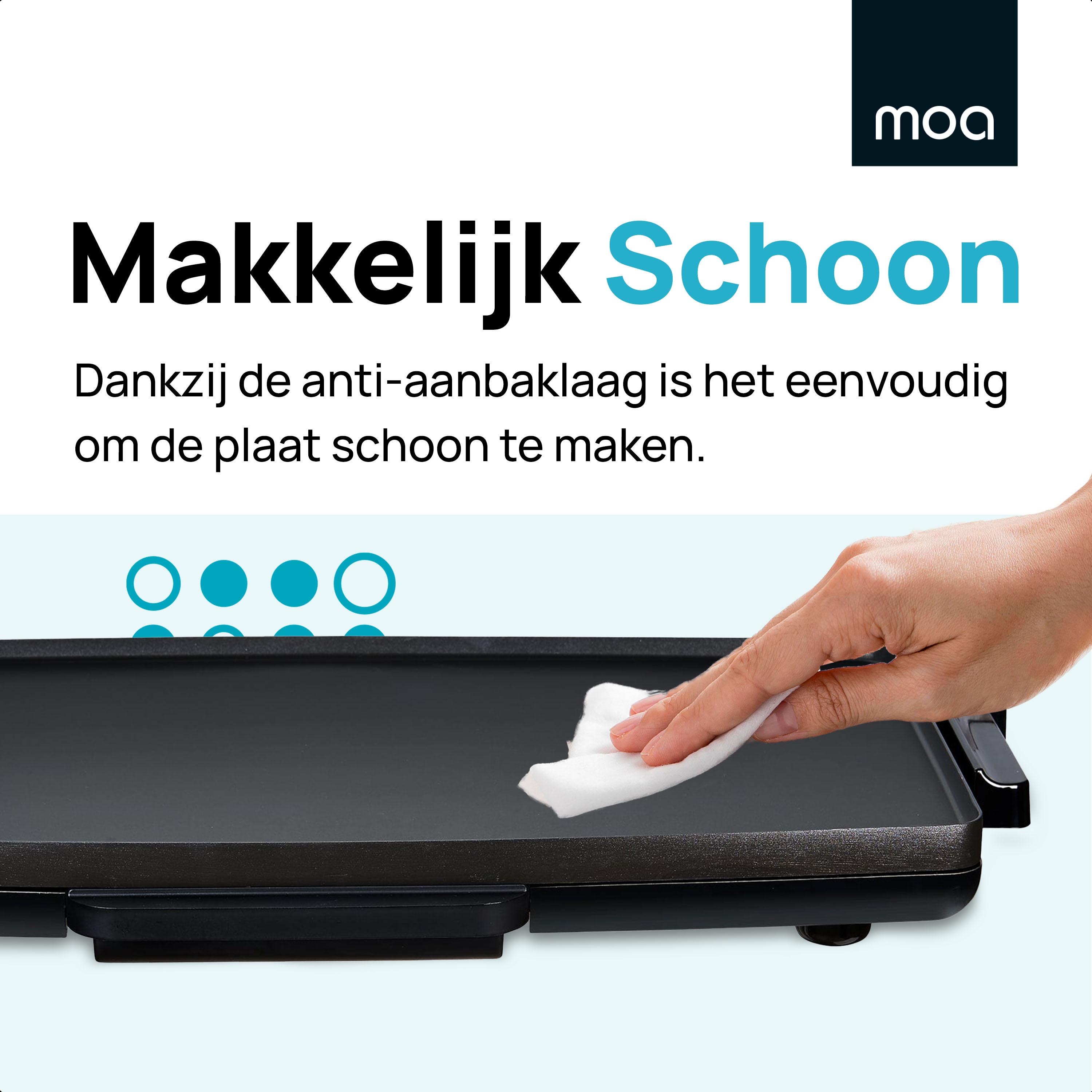 A hand wiping a black surface with a white cloth, moa logo in the top right.