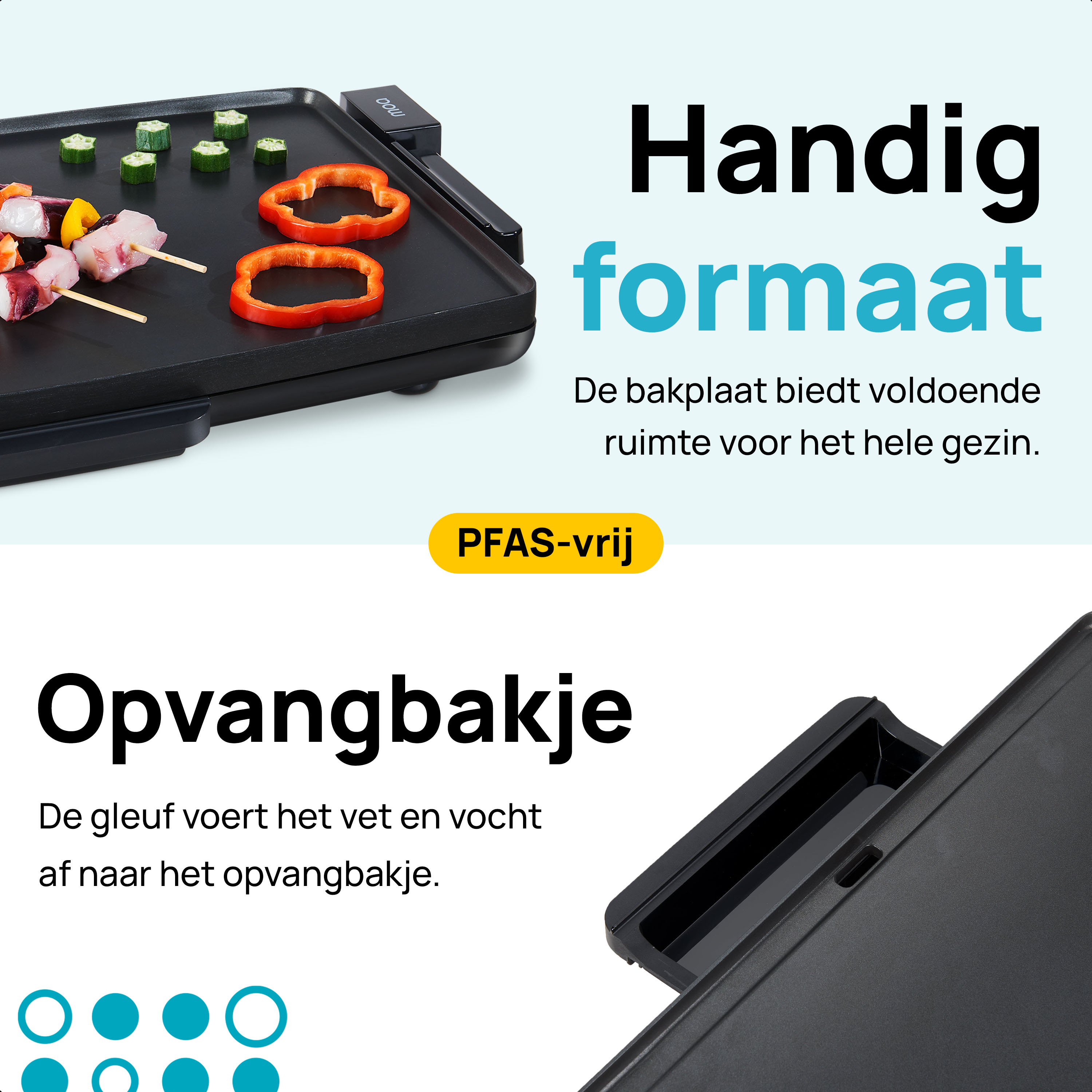Black griddle with skewered food and sliced peppers. Text in Dutch.