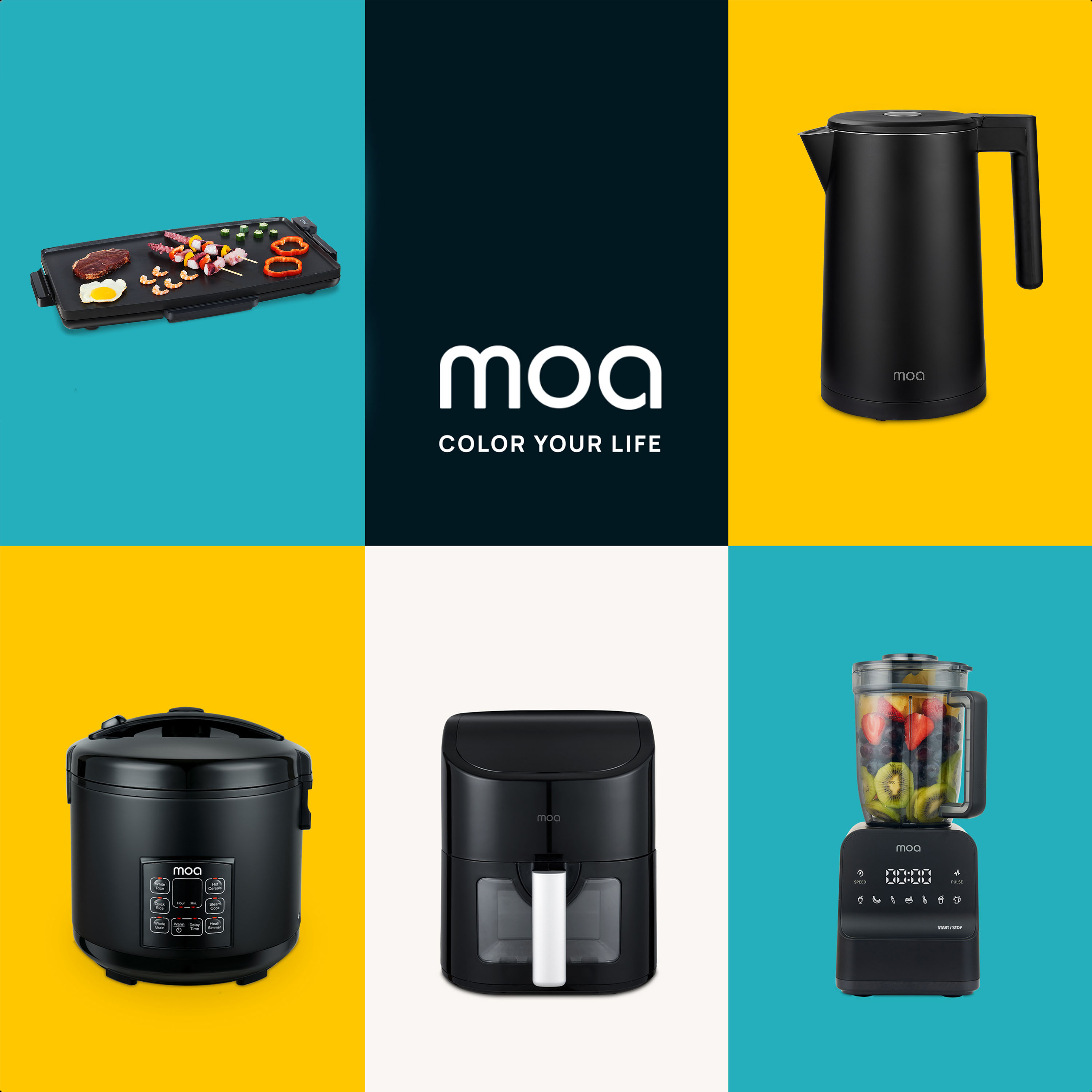 Arrangement of moa brand products: grill, kettle, rice cooker, air fryer, blender.