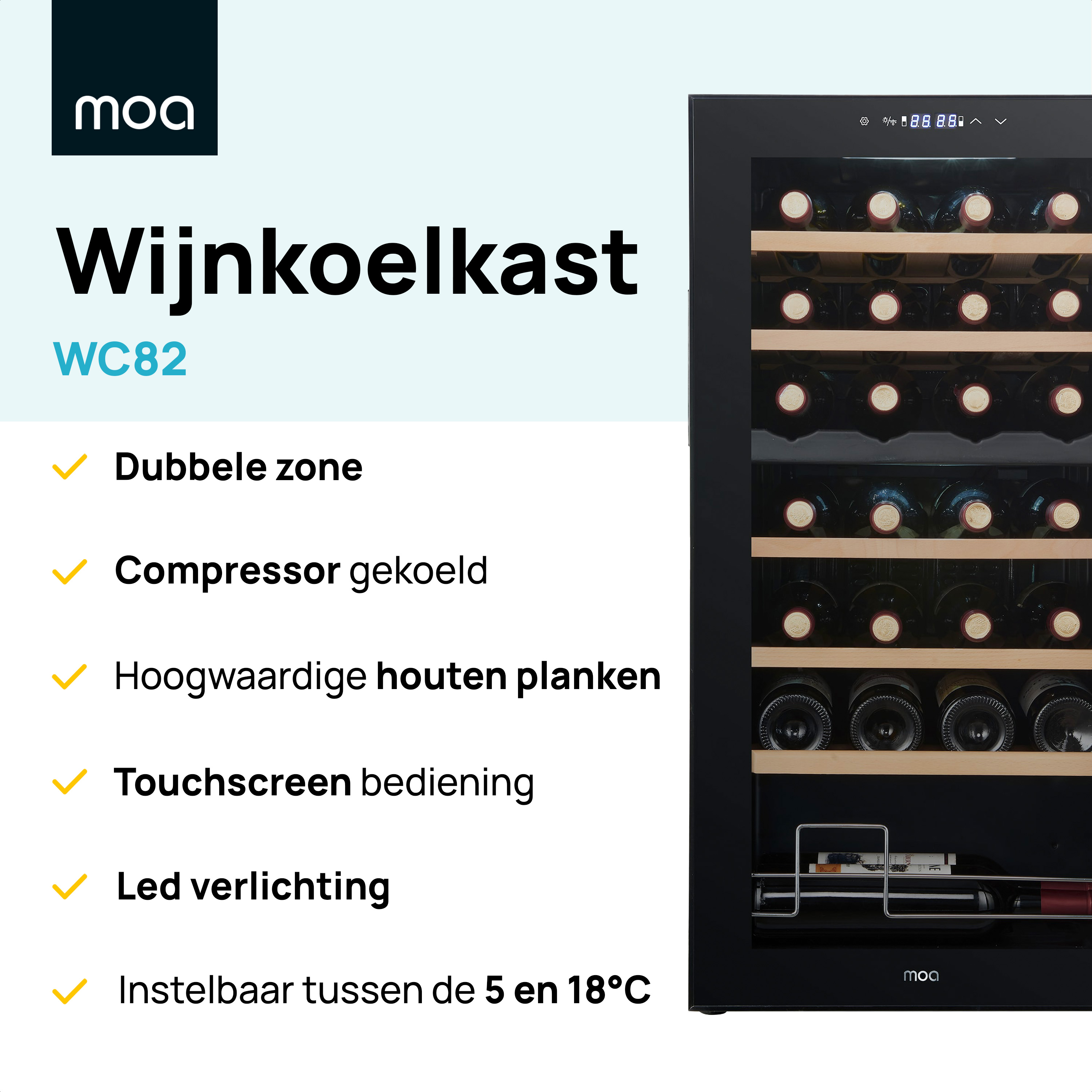 Wine cooler with multiple bottles of wine, with a black exterior and text about features.