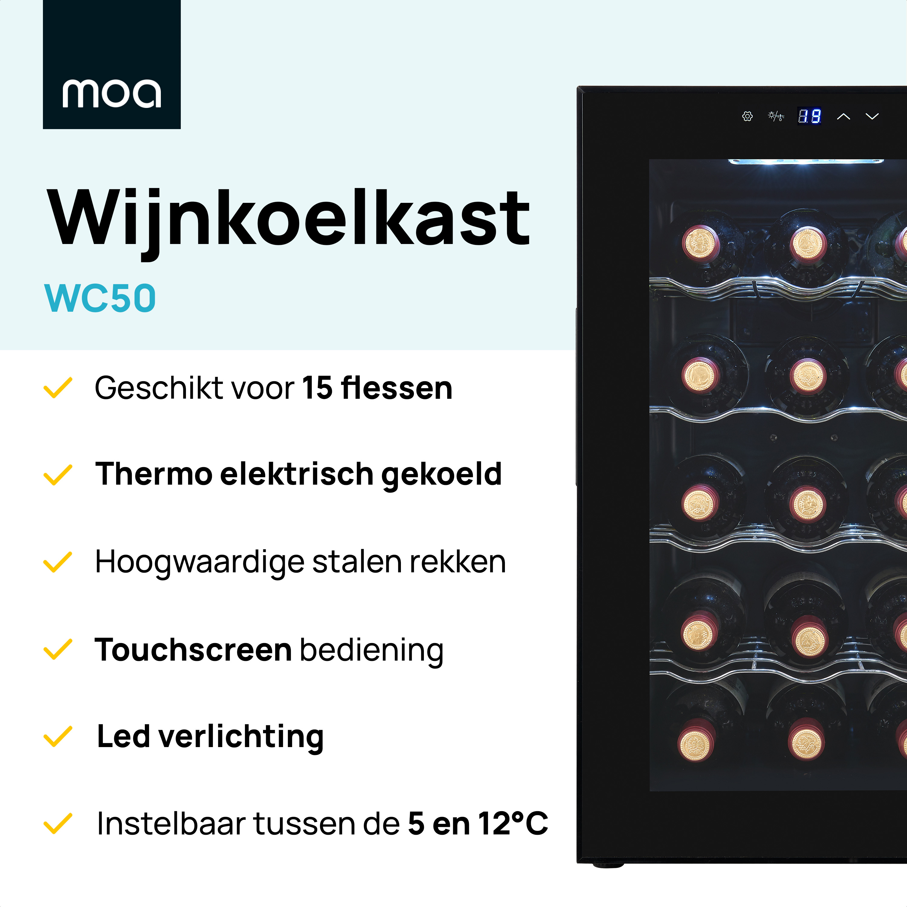 Wine cooler with a black exterior, holding bottles of wine. Text: Wijnkoelkast WC50.