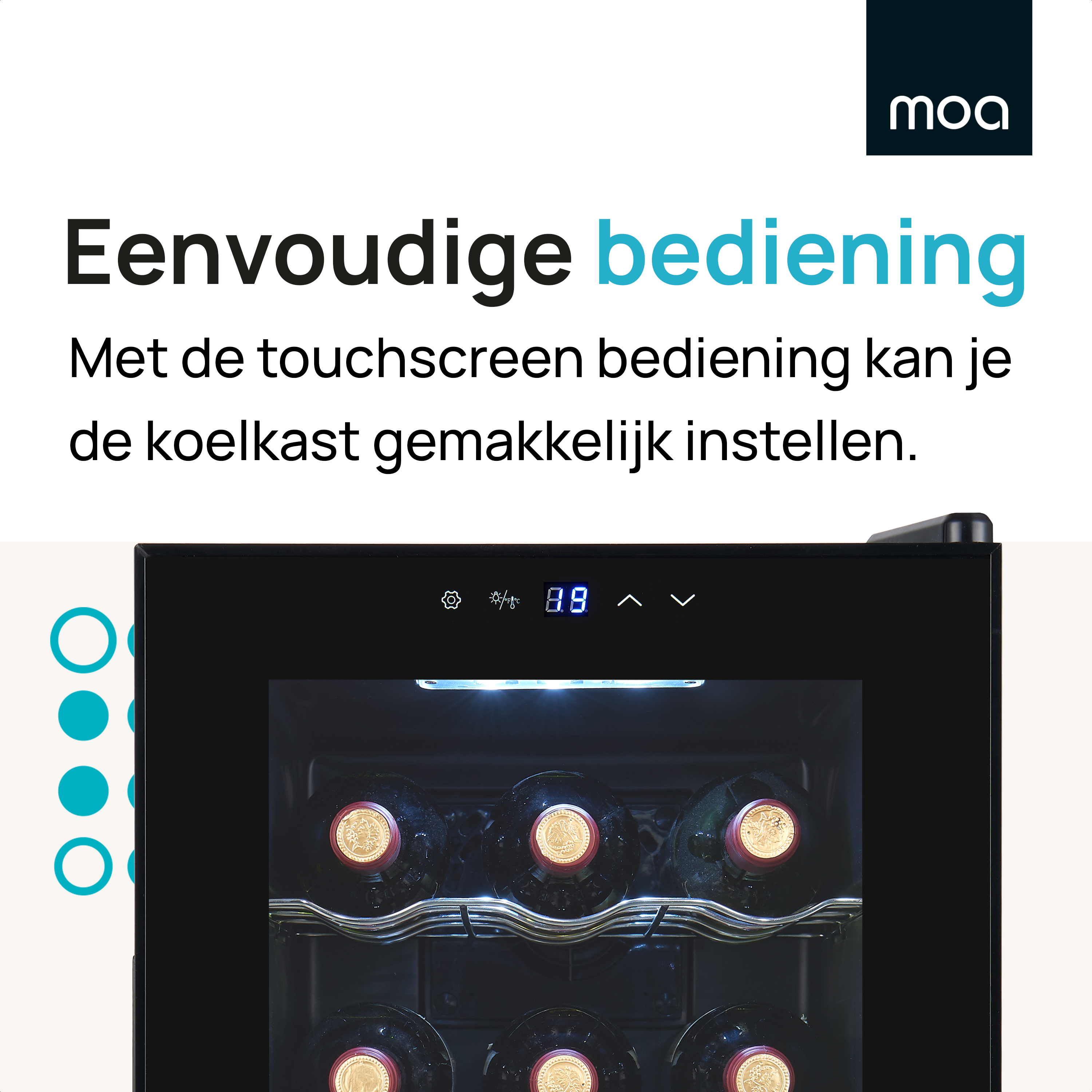 Black wine cooler with a digital display and bottles, with text and a logo.