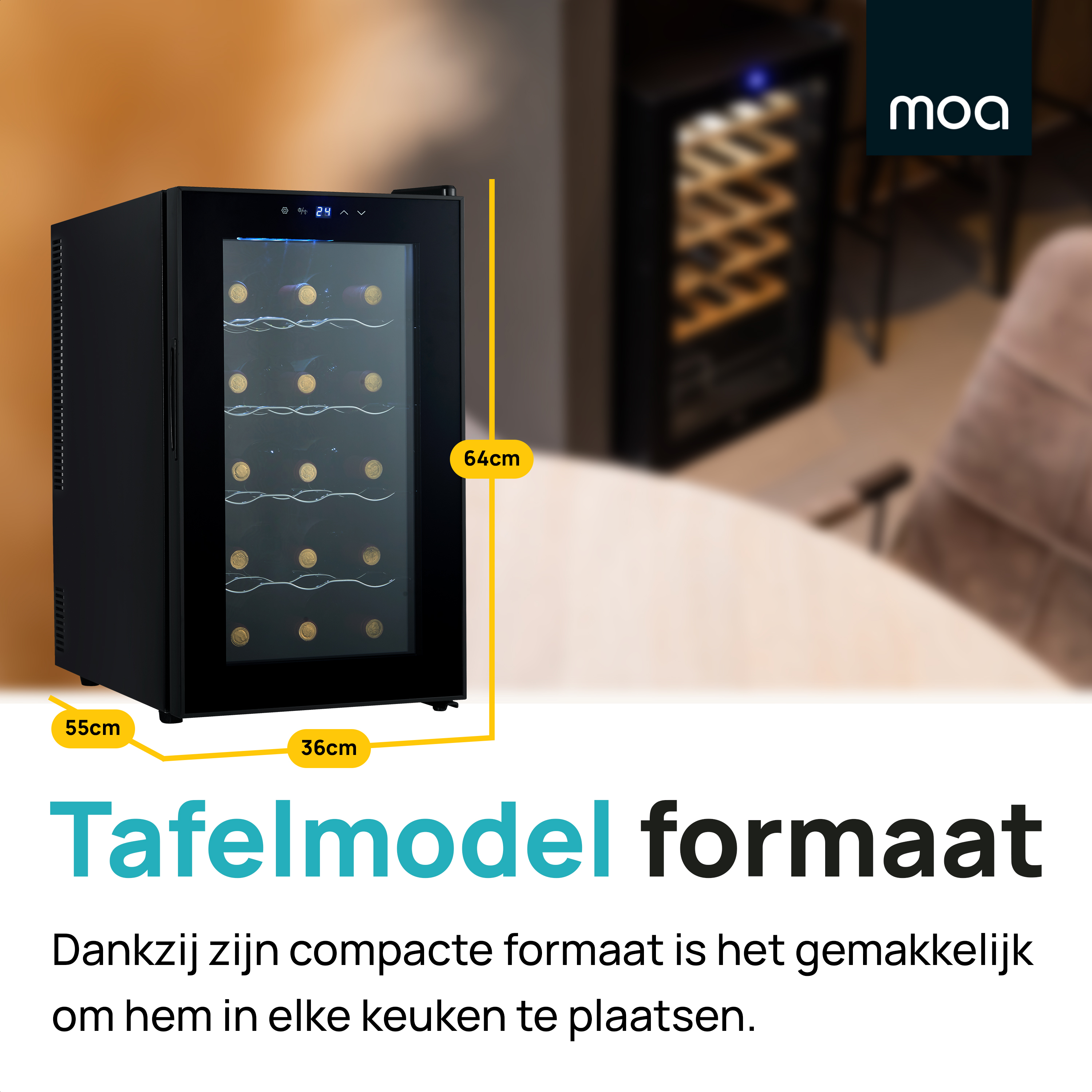 Black wine cooler with dimensions. Text 'Tafelmodel formaat' in Dutch.