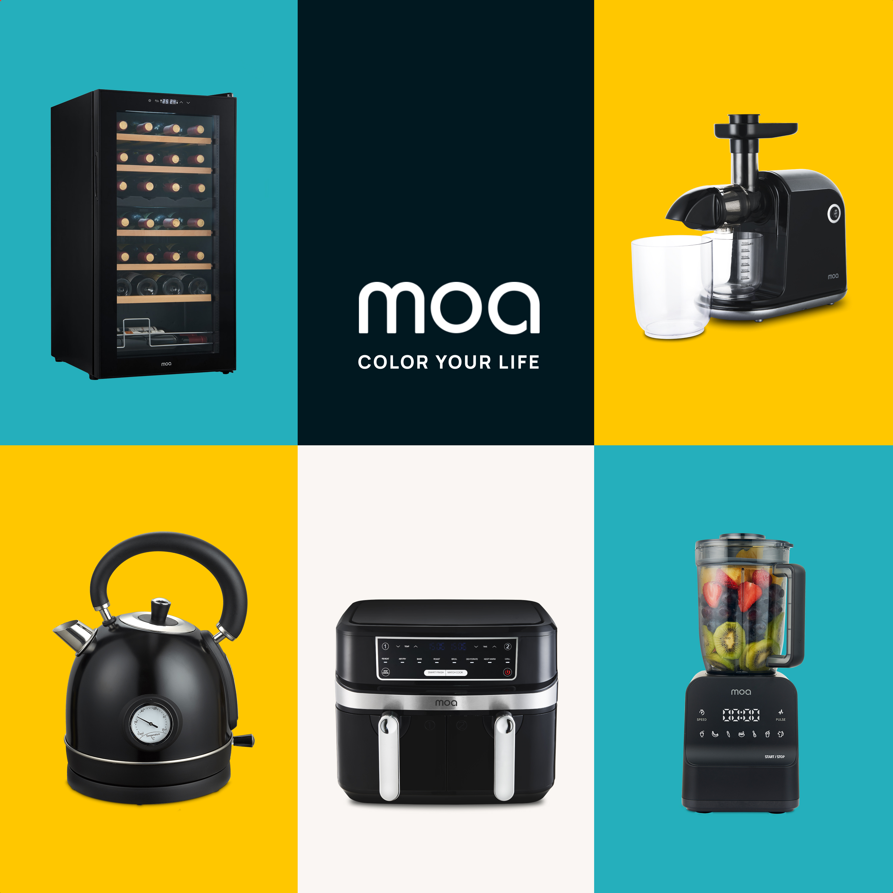 Various kitchen appliances, arranged in a collage.