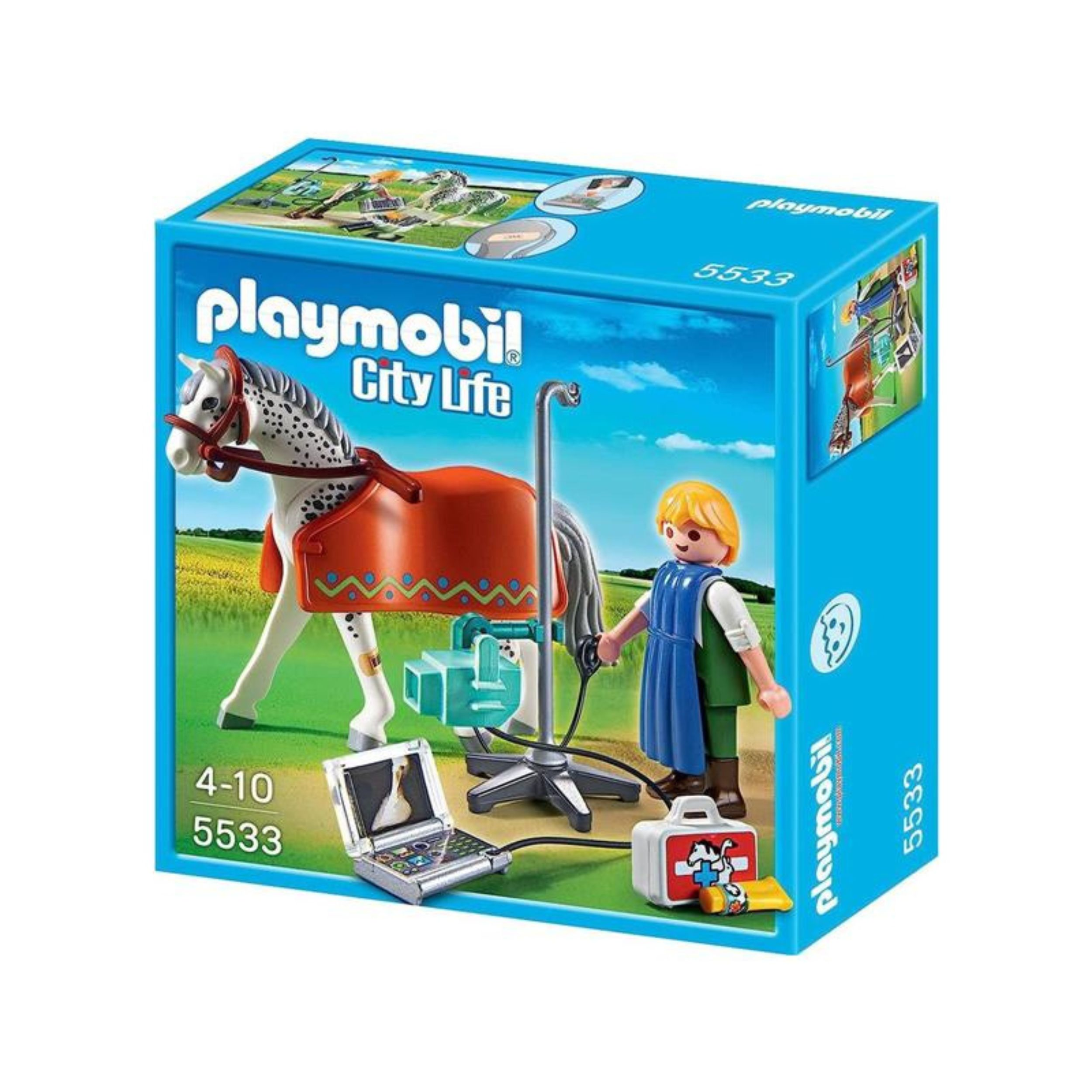 Scatola Playmobil con un cavallo visitato da un veterinario. Scatola blu, sfondo bianco.