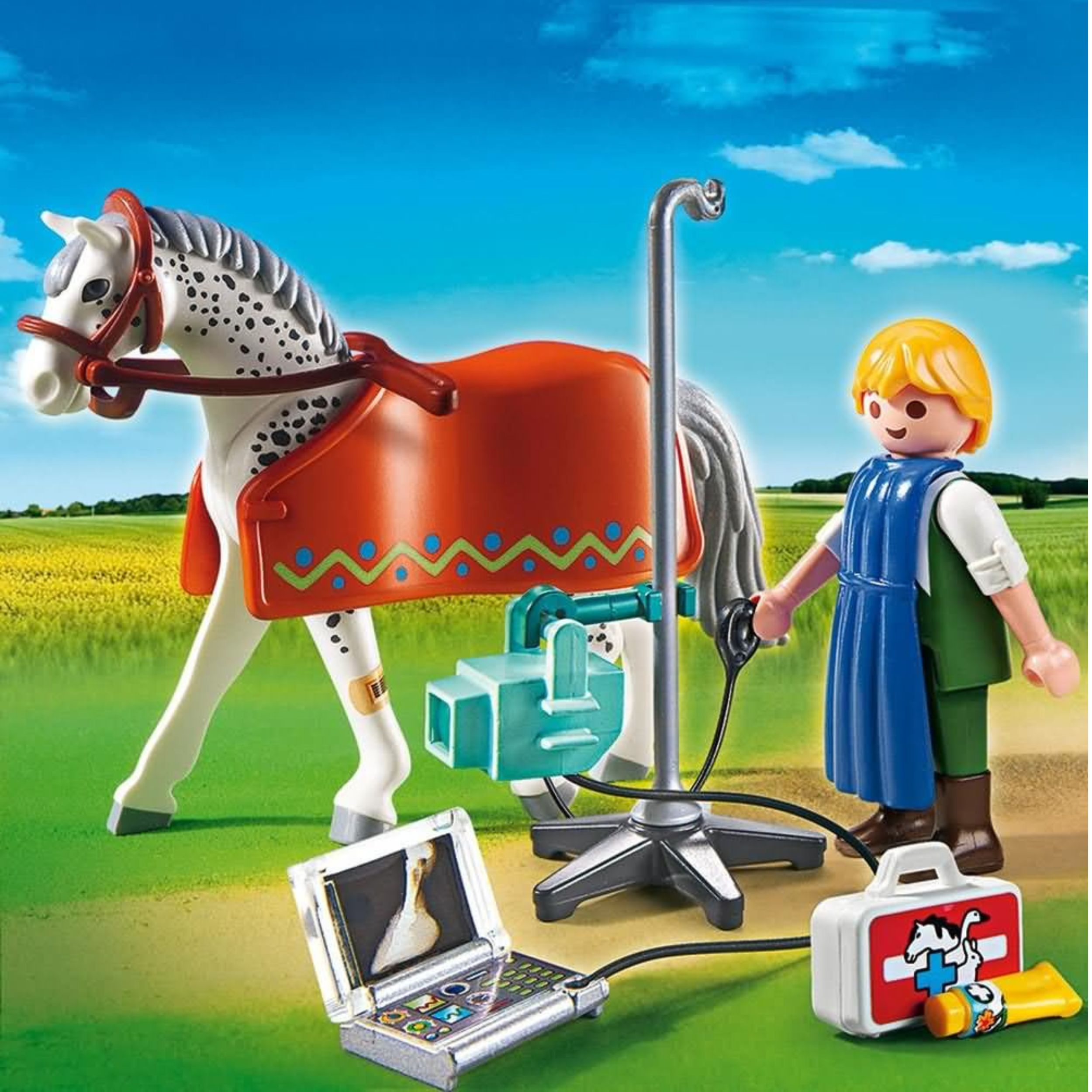 Scena Playmobil: Cavallo, veterinario e attrezzature mediche. Cielo blu ed erba verde.