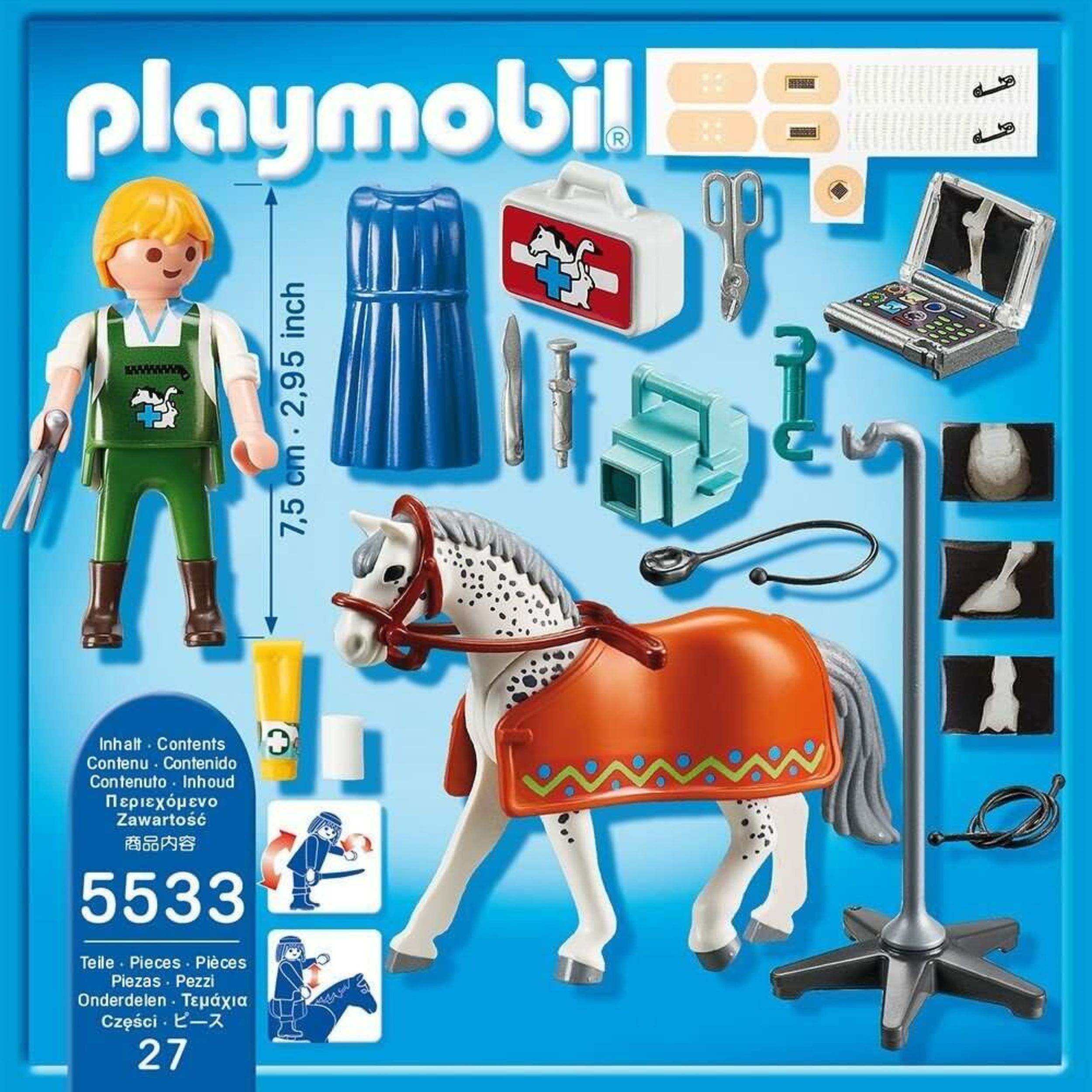Set Playmobil: figura con attrezzi, cavallo con coperta, kit medico, accessori. Sfondo blu.