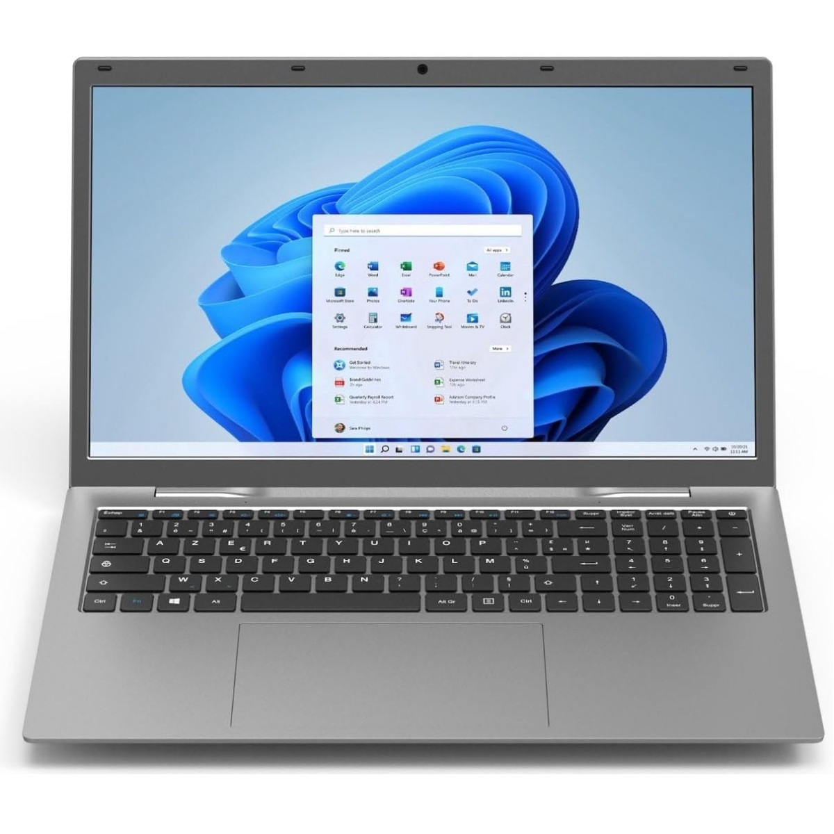 Silberner Laptop, der eine Windows 11-Oberfläche mit geöffnetem App-Menü anzeigt.