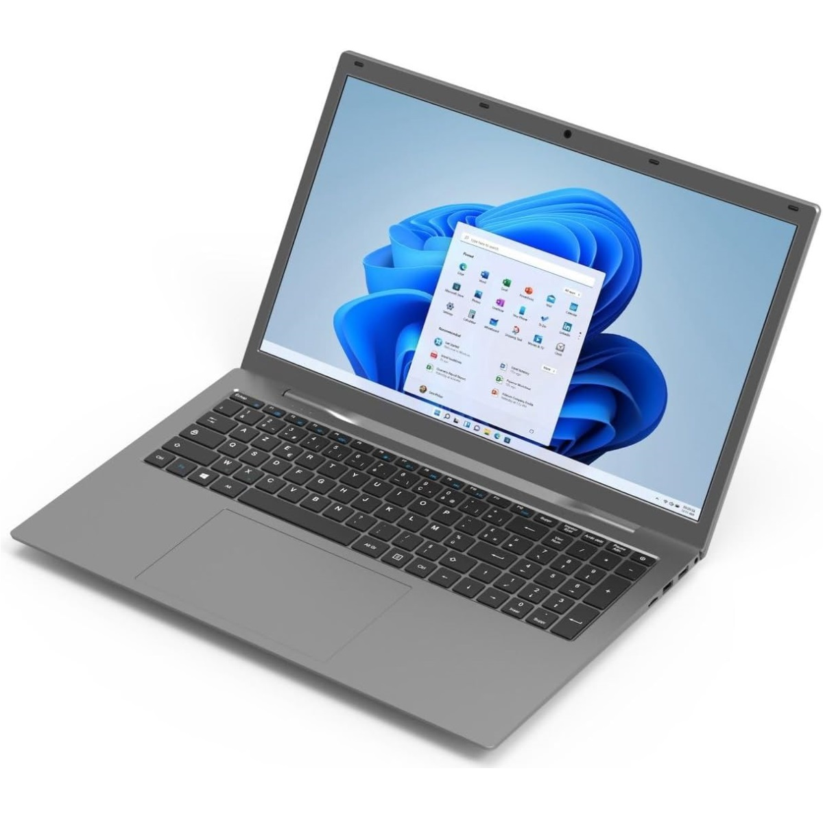 Ein grauer Laptop mit einem geöffneten Windows 11 Bildschirm. Der Hintergrund ist weiß.