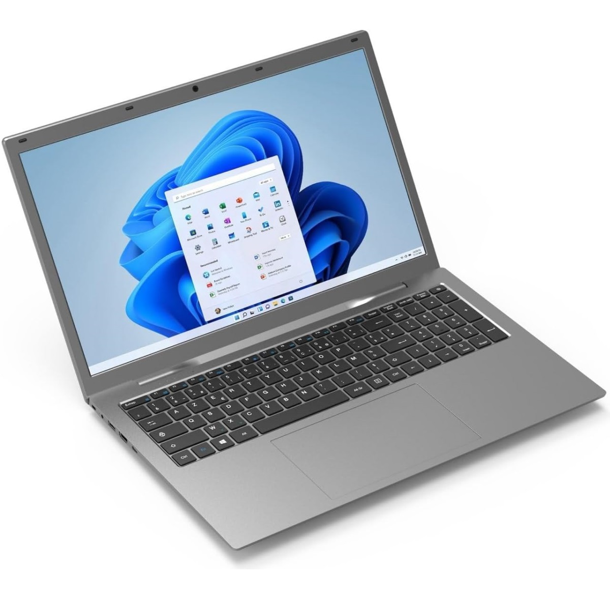 Ein grauer Laptop mit einem Bildschirm, der eine Windows-Desktop-Oberfläche zeigt.