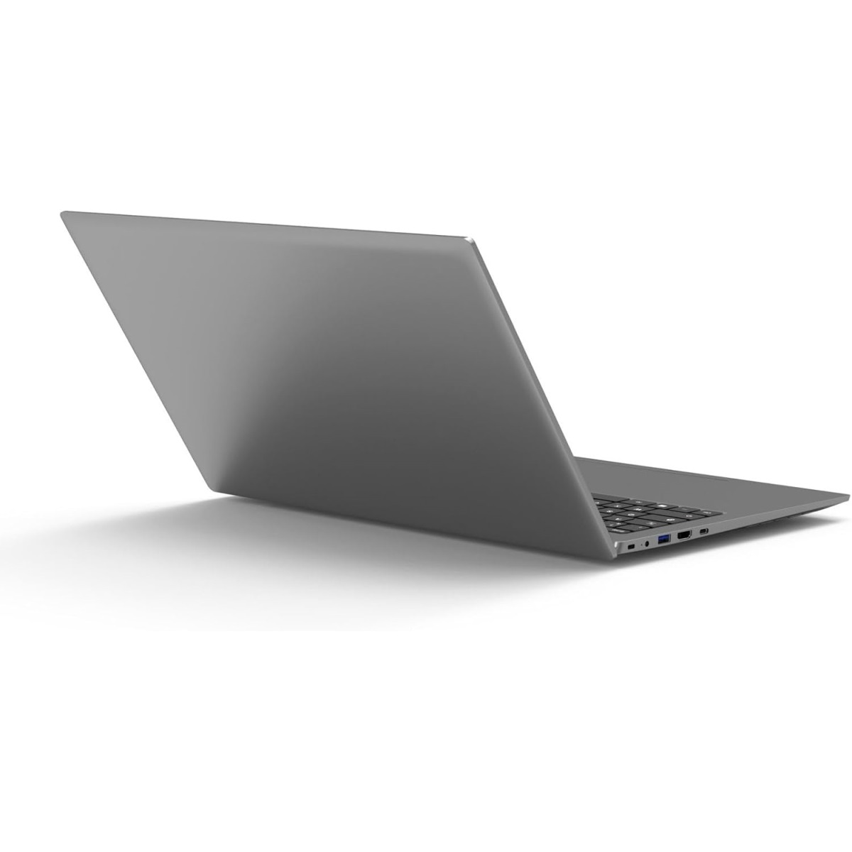Grauer Laptop auf weißem Hintergrund. Bildschirm geschlossen und abgewandt.
