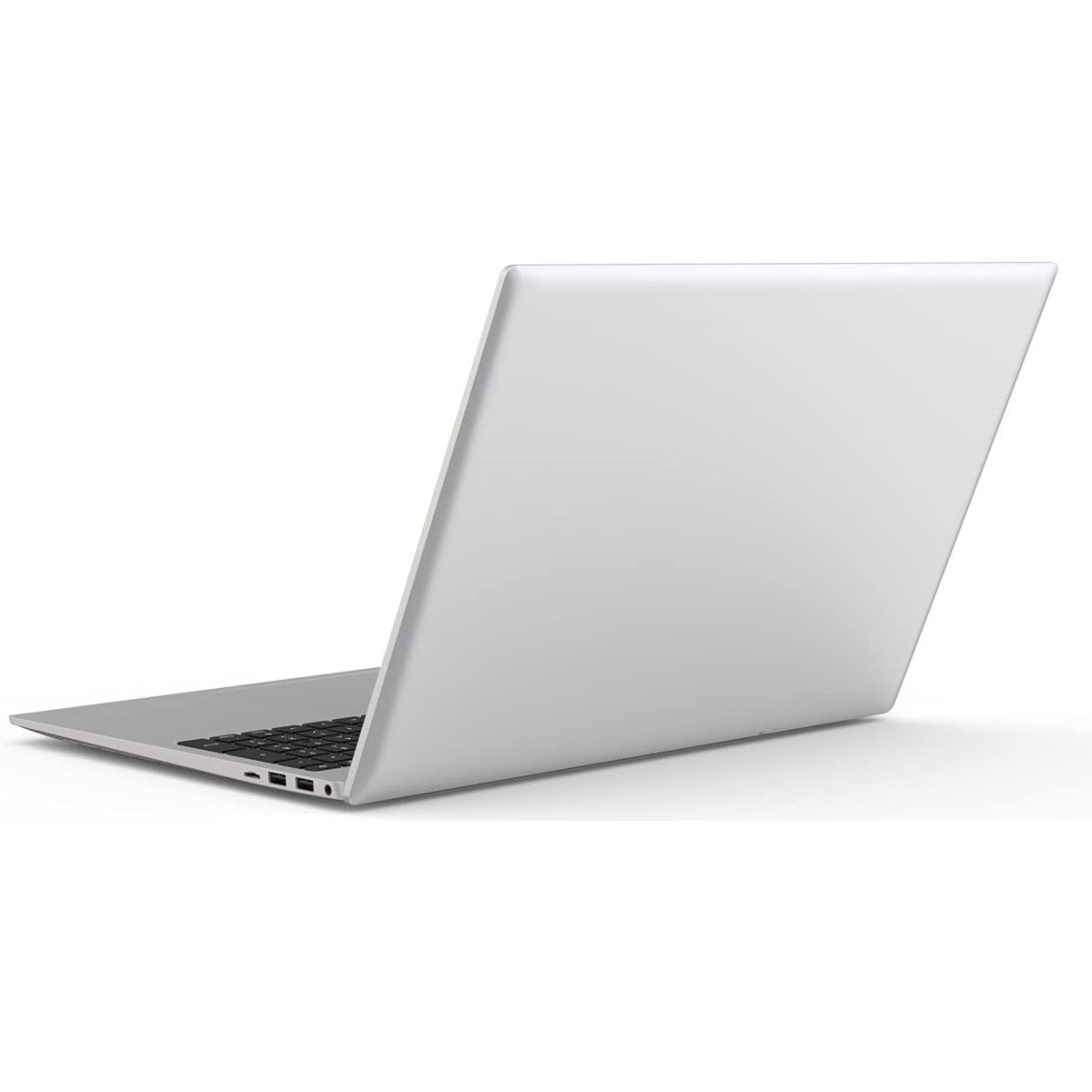Ein silberner Laptop, geöffnet, von hinten betrachtet. Schwarze Tasten sind sichtbar.
