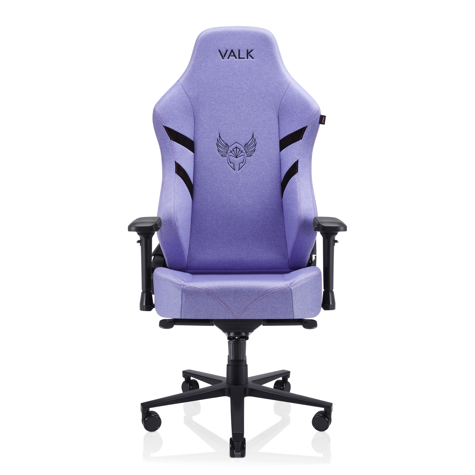 Silla gamer morada con detalles negros, logo Valk y ruedas negras.