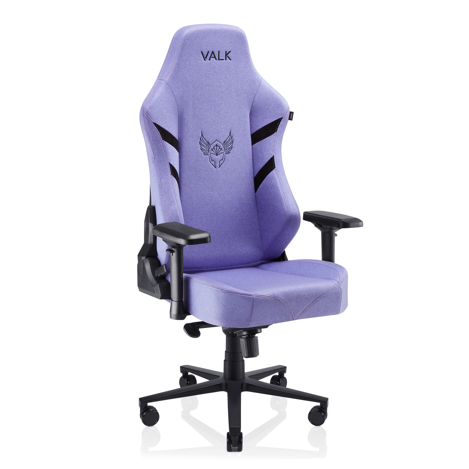 Silla gaming morada con logo VALK. Apoyabrazos y ruedas negros. Fondo blanco.