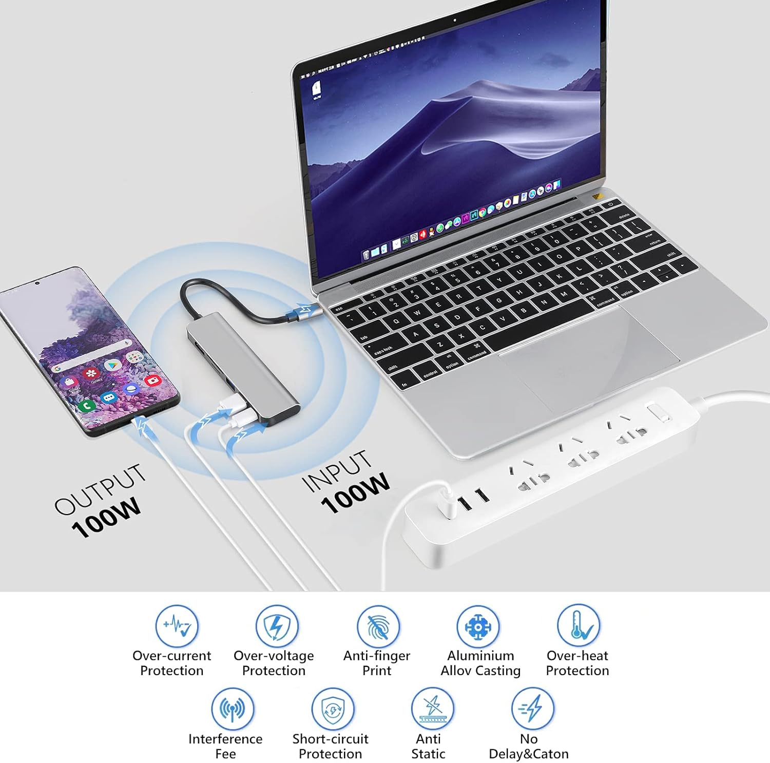Bild zeigt Laptop, Telefon und Steckerleiste, verbunden mit USB-Kabeln.