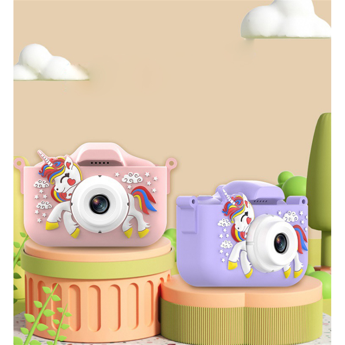 Zwei Spielzeugkameras mit Einhorn-Designs, rosa und lila, auf bunten Plattformen.