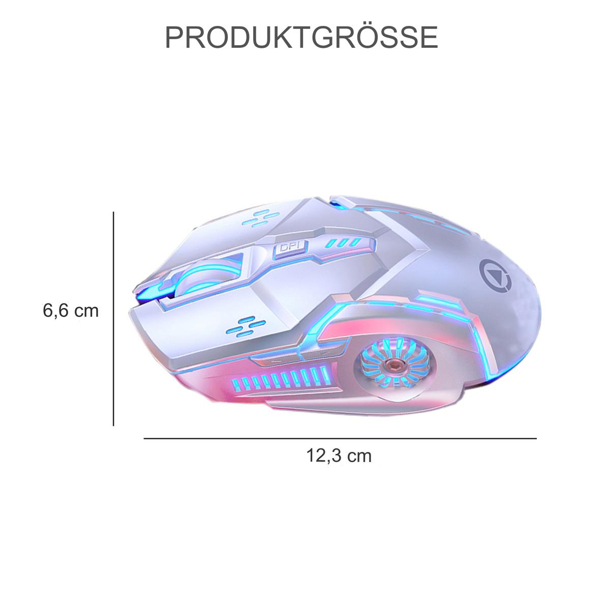 Gaming-Maus, weiß mit RGB-Beleuchtung, Abmessungen angegeben. Schwarzer Hintergrund.