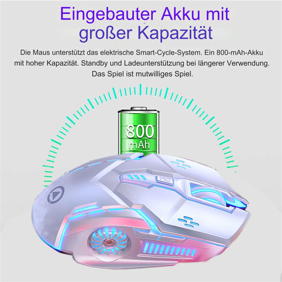 Weiße und blaue Gaming-Maus. Akku-Symbol mit Text. Mit rosa und blauen Lichtern dekoriert.