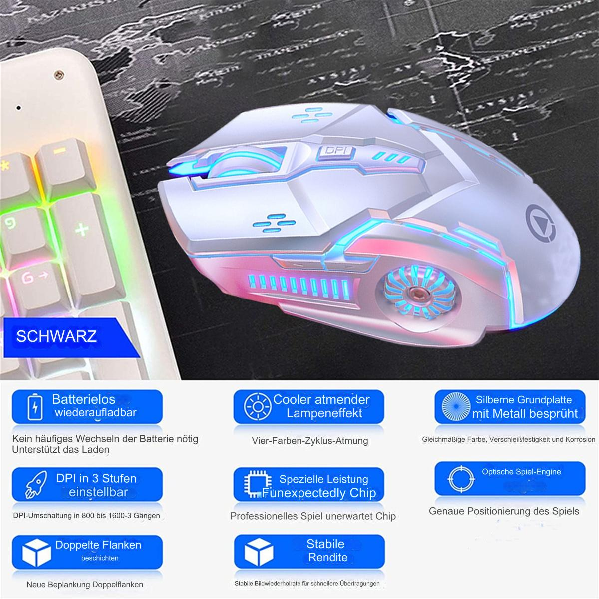 Weiße Gaming-Maus mit farbigen Lichtern. Links eine Tastatur. Technische Details werden gezeigt.