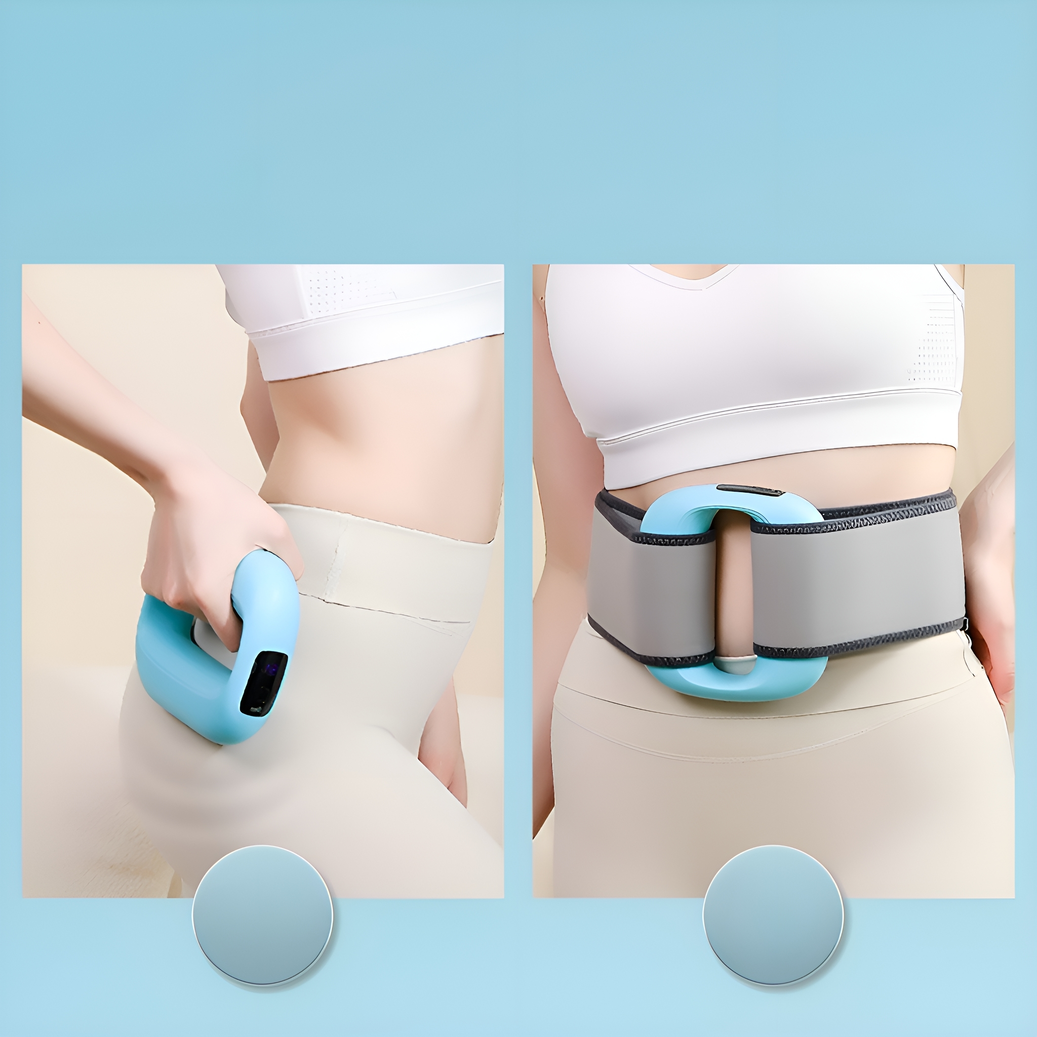 Zwei Bilder, die einen Fitnessgürtel am Körper einer Person zeigen und eine Hand, die das Gerät hält.
