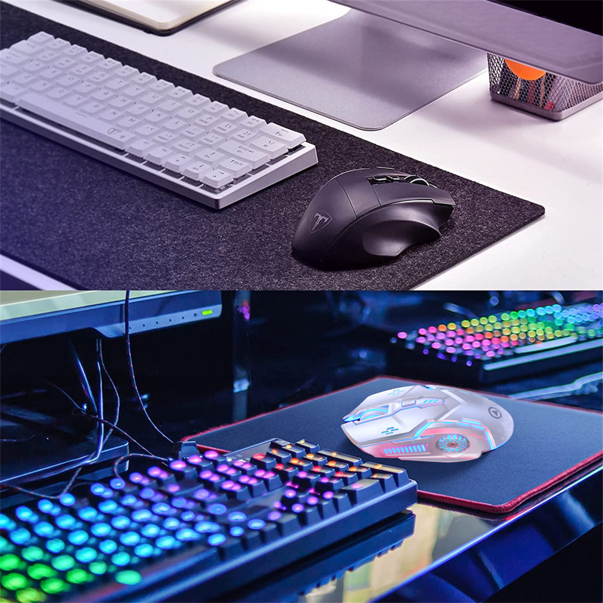 Zwei Bilder. Eines zeigt Tastatur und Maus auf einem Schreibtisch. Das andere zeigt eine leuchtende Tastatur und Maus.