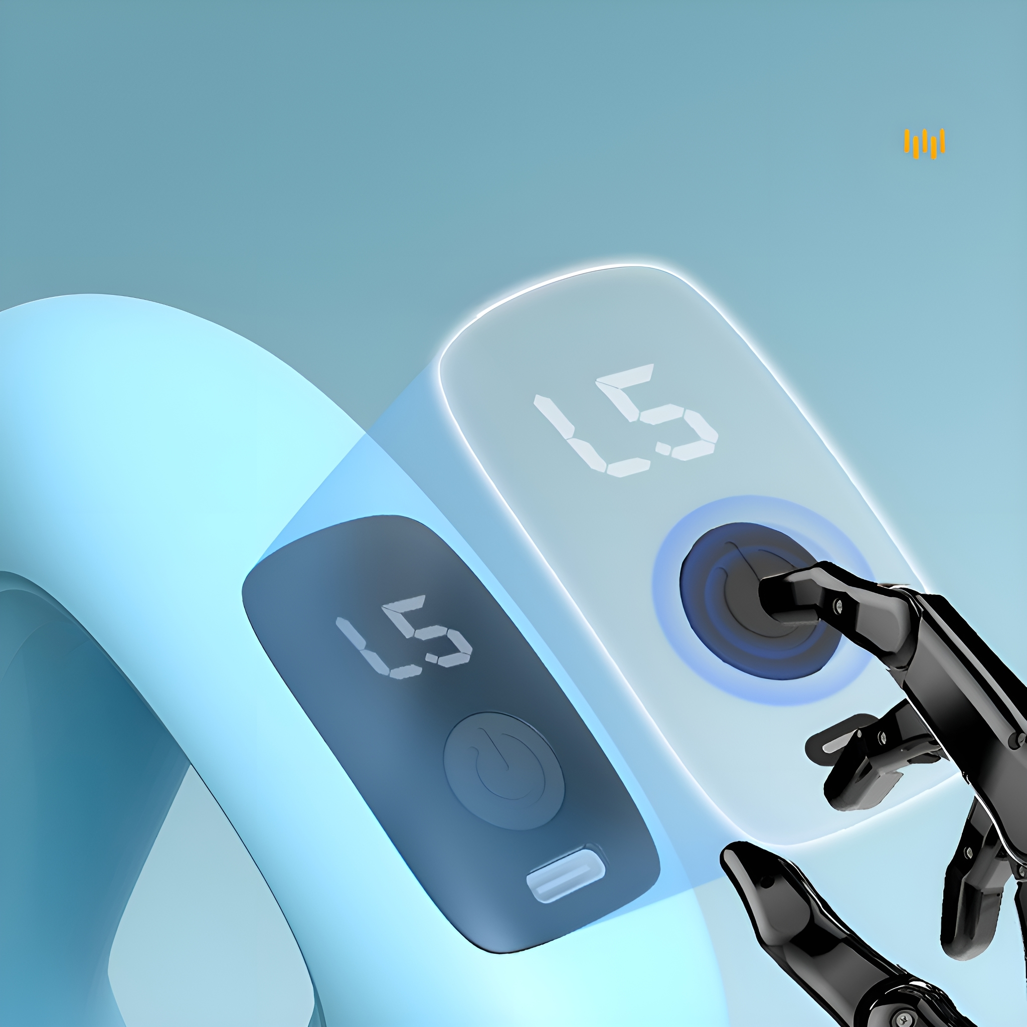 Blaue Smartwatch mit Touchscreen und Hand, die ihn berührt.