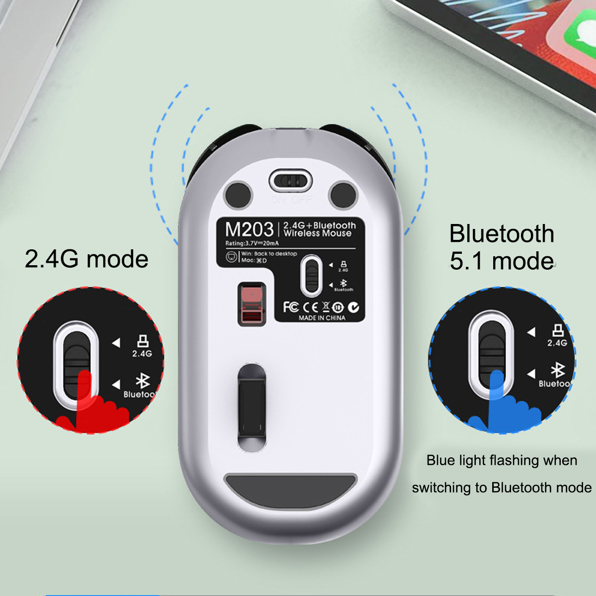 Eine silberne kabellose Maus mit Bluetooth- und 2,4G-Modi, die Modusauswahldetails zeigt.
