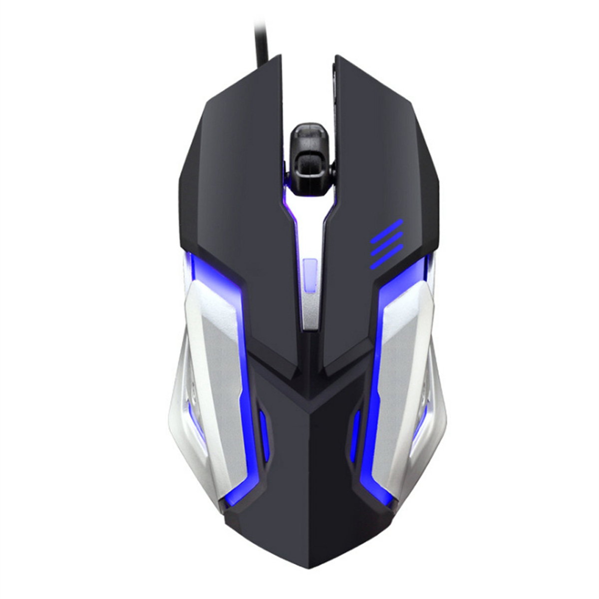 Eine schwarz-silberne Gaming-Maus mit blauen LED-Leuchten und einem Kabel.