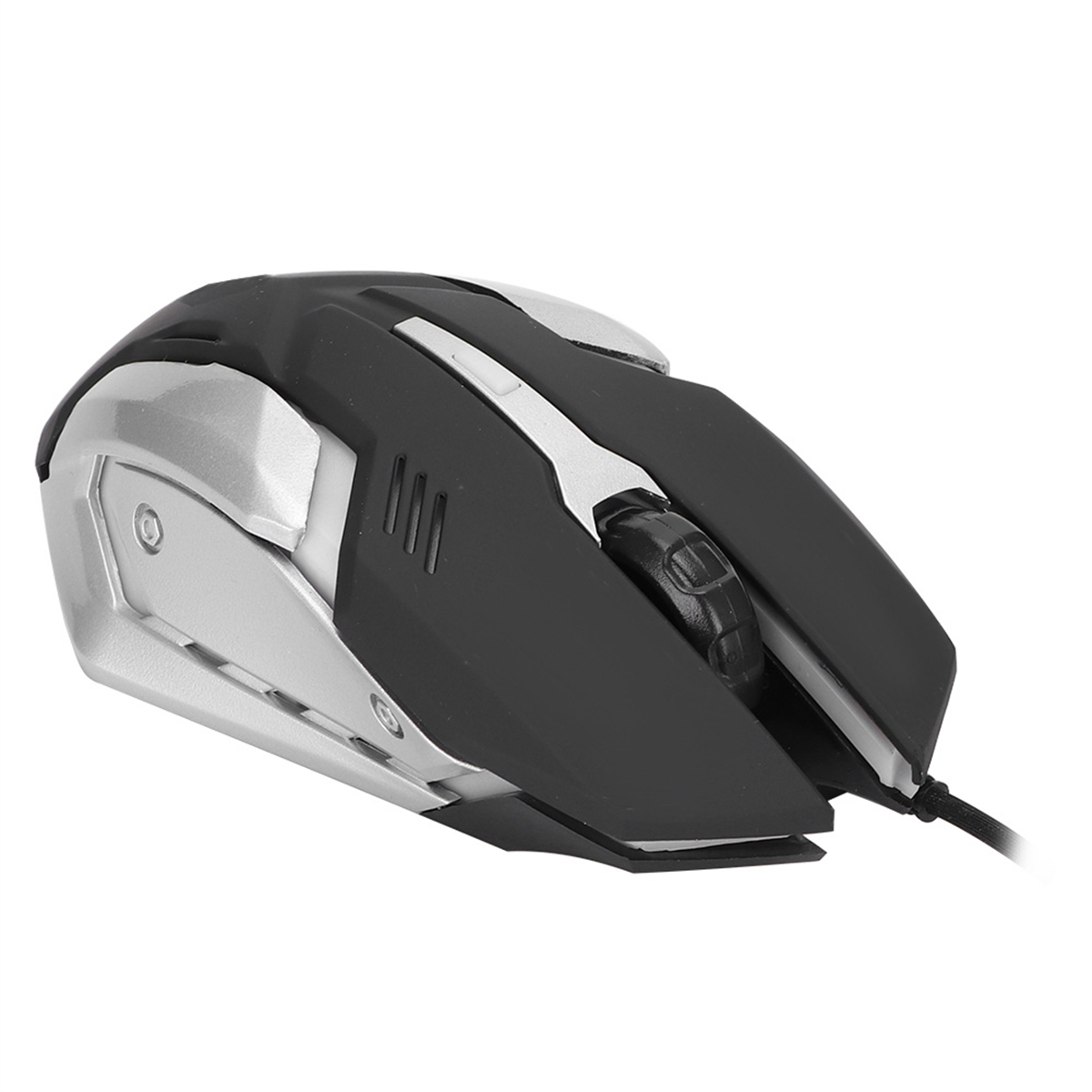 Schwarze und silberne Computermaus mit Scrollrad. Sie hat einen Kabelanschluss.