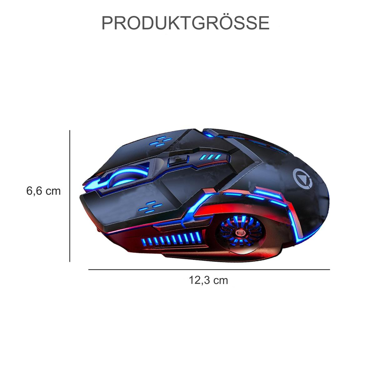 Eine schwarze Gaming-Maus mit blauen und roten Lichtern, mit Abmessungen auf weißem Hintergrund.