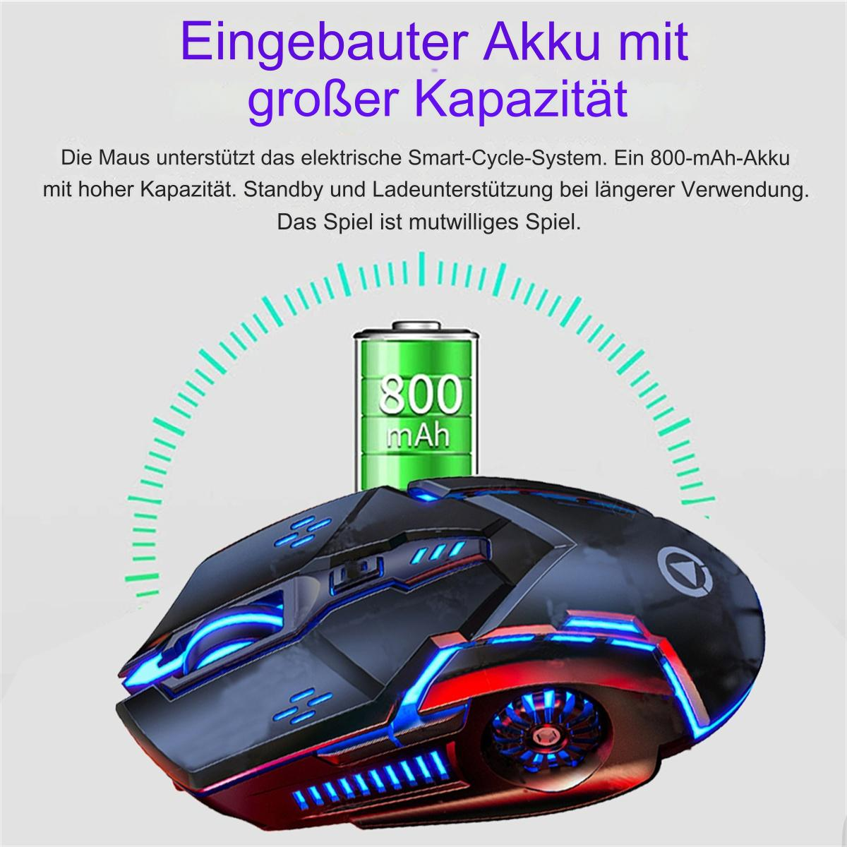 Gaming-Maus mit grünem Akku-Symbol und Text. Blaue und rote Lichter. Schwarz-Graues Design.