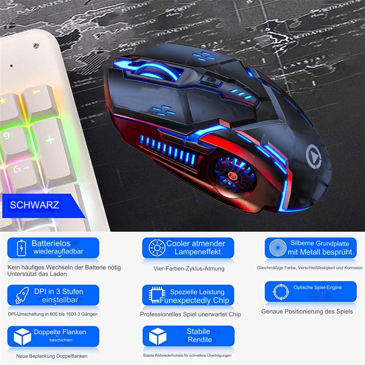 Schwarze Gaming-Maus mit blauen und roten Lichtern und eine weiße Tastatur.
