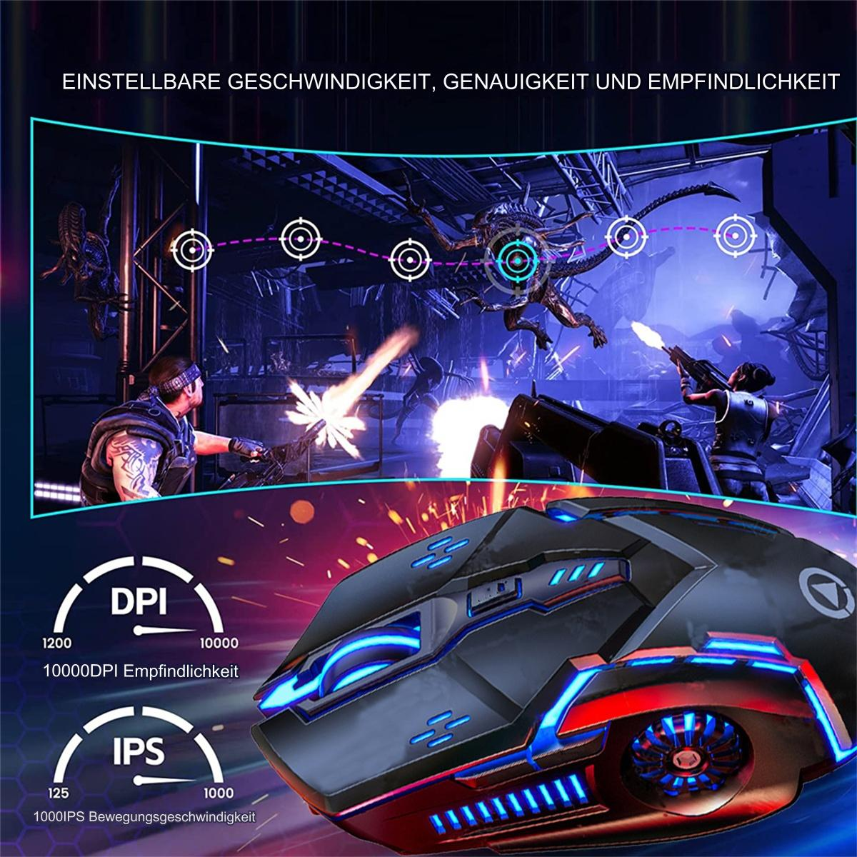 Eine Gaming-Maus mit blauen und roten Lichtern, einer Spielszene im Hintergrund und Indikatoren.