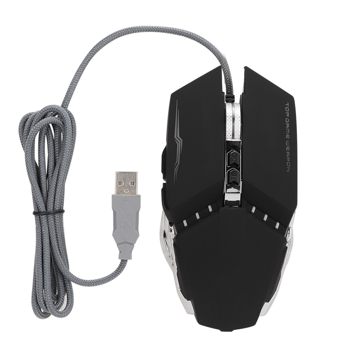 Schwarze Gaming-Maus mit grauem Kabel und USB-Anschluss.