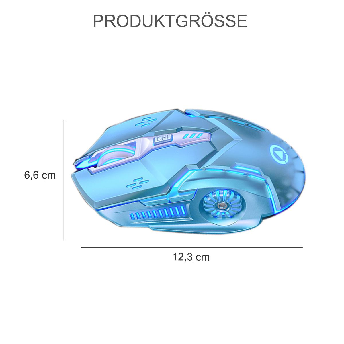 Blaue Gaming-Maus, Seitenansicht. Abmessungen: 12,3 cm lang und 6,6 cm hoch.