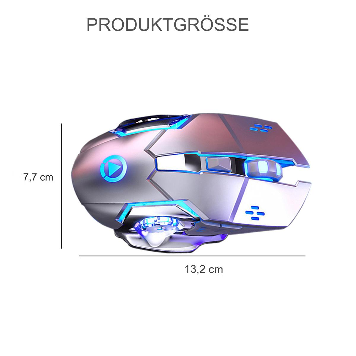 Eine Gaming-Maus mit Messungen. Es ist silber mit blauen Lichtern und Tasten.