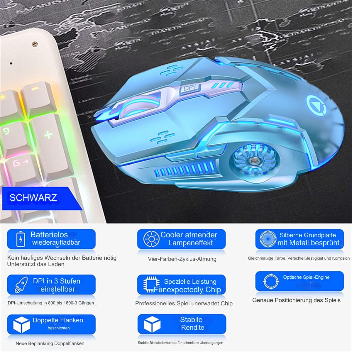 Eine blaue Gaming-Maus mit einer weißen Tastatur daneben und Symbolen, die Funktionen beschreiben.