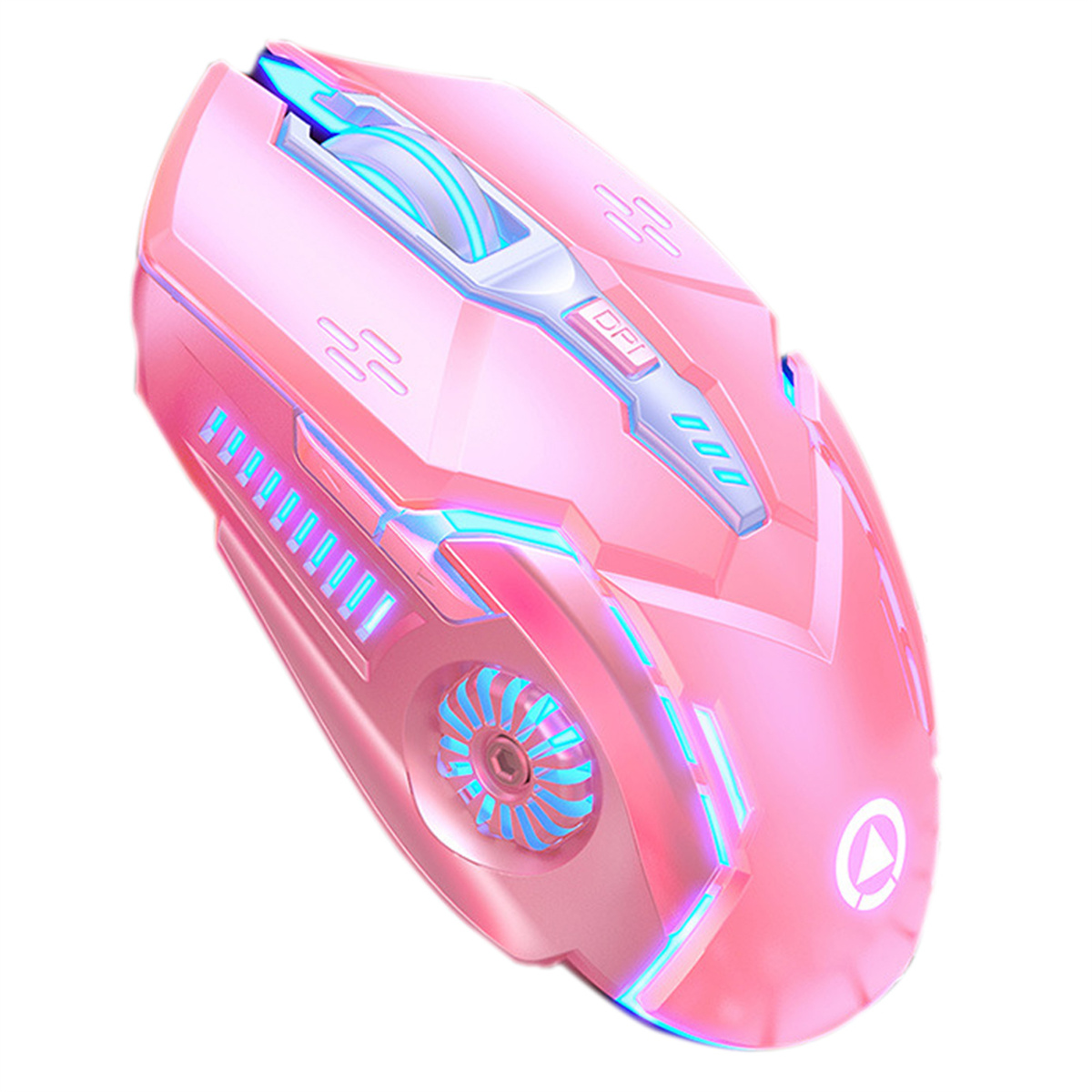 Eine pinkfarbene Gaming-Maus mit blauen Lichtern.